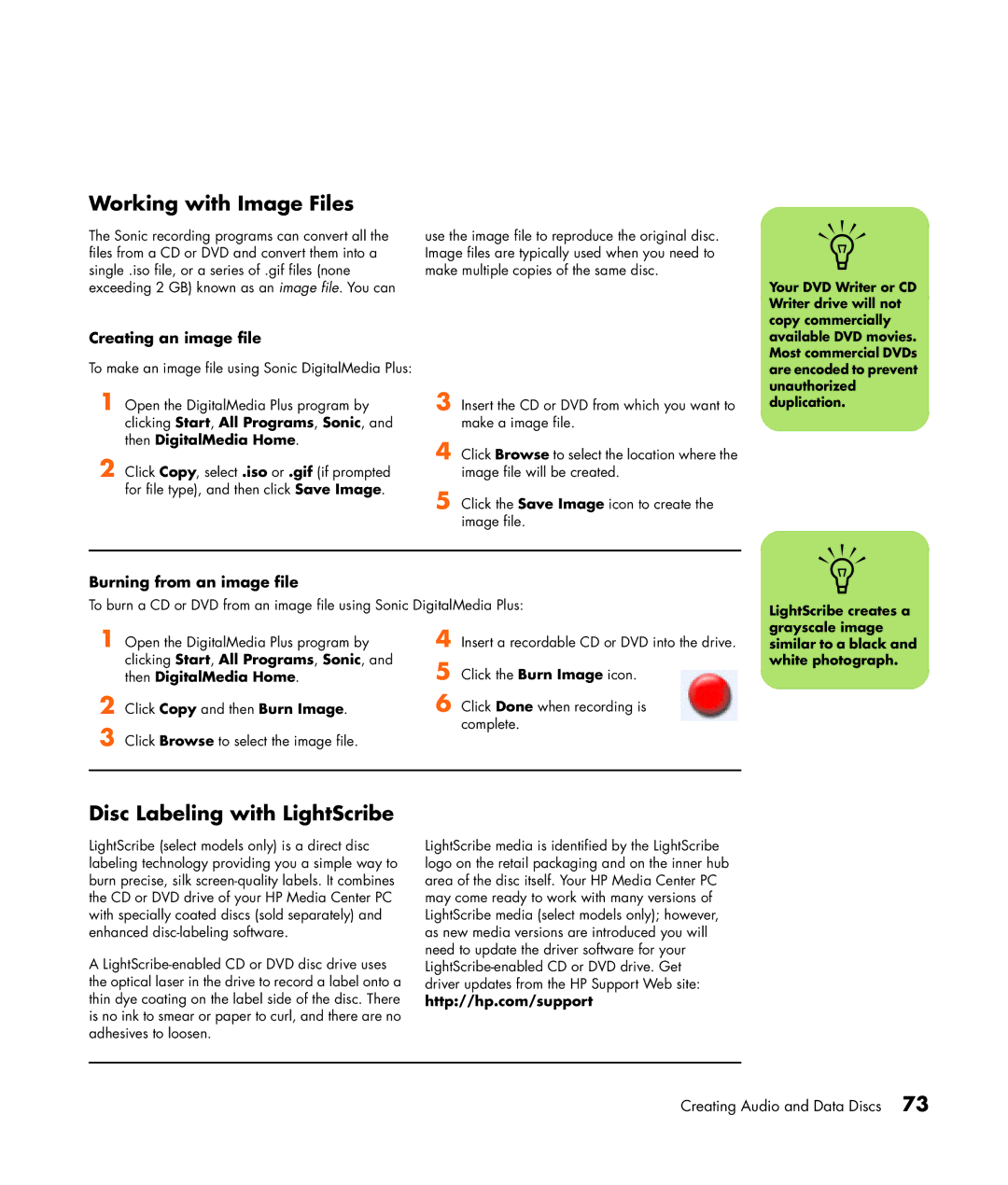HP m7181.uk Working with Image Files, Disc Labeling with LightScribe, Creating an image file, Burning from an image file 