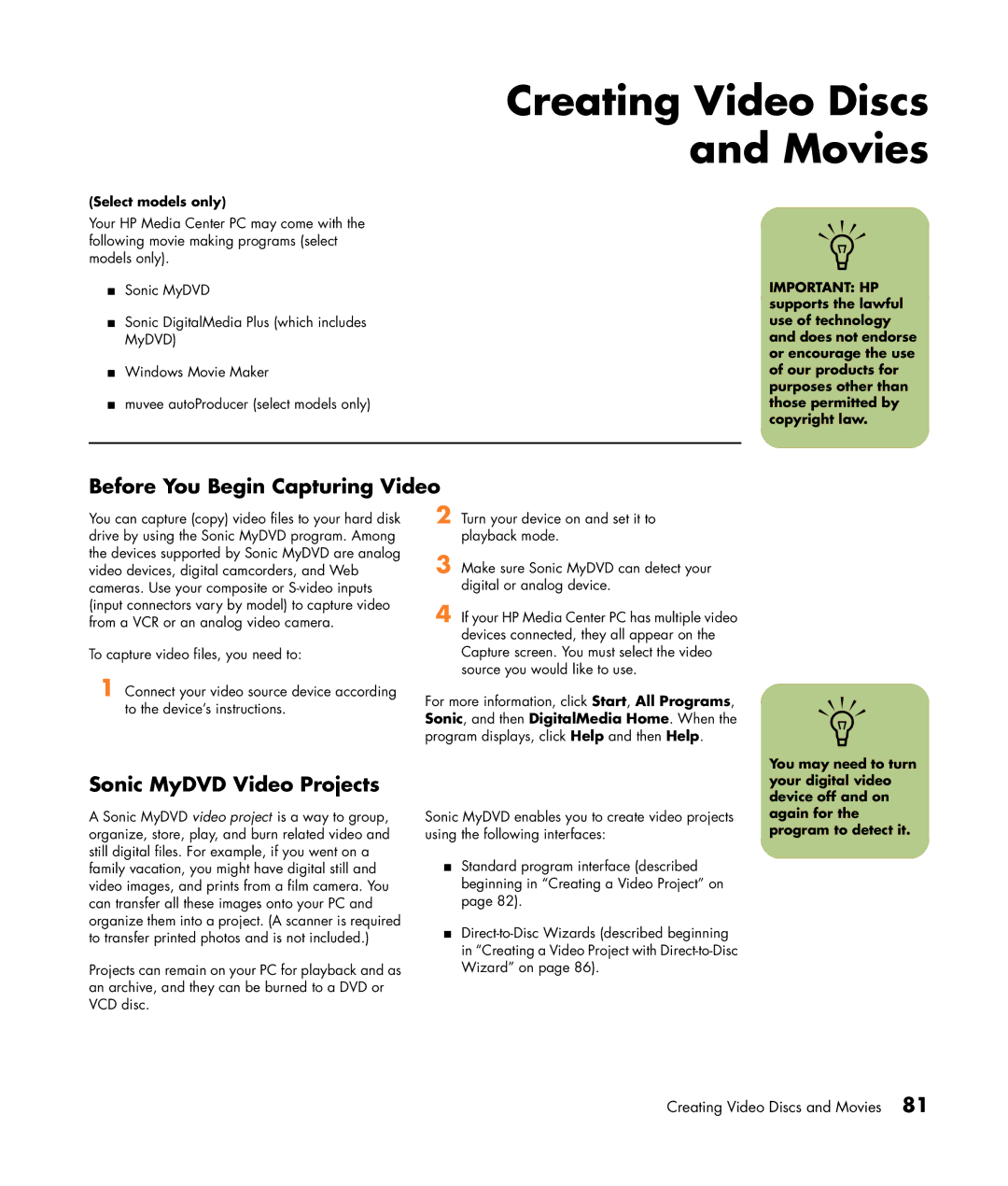 HP m7181.uk manual Creating Video Discs and Movies, Before You Begin Capturing Video, Sonic MyDVD Video Projects 