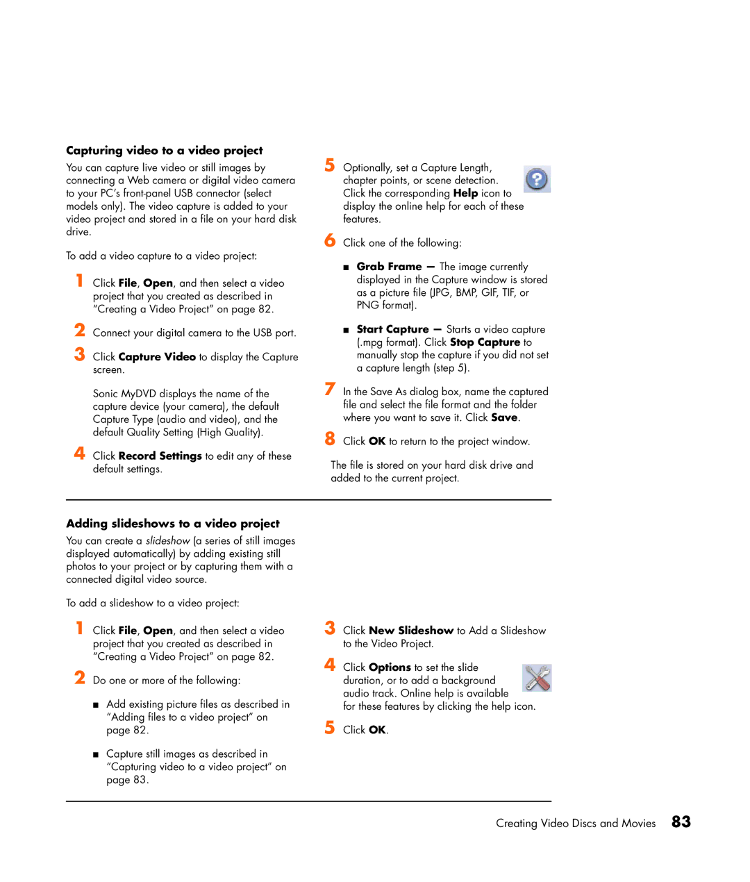 HP m7181.uk manual Capturing video to a video project, Adding slideshows to a video project 