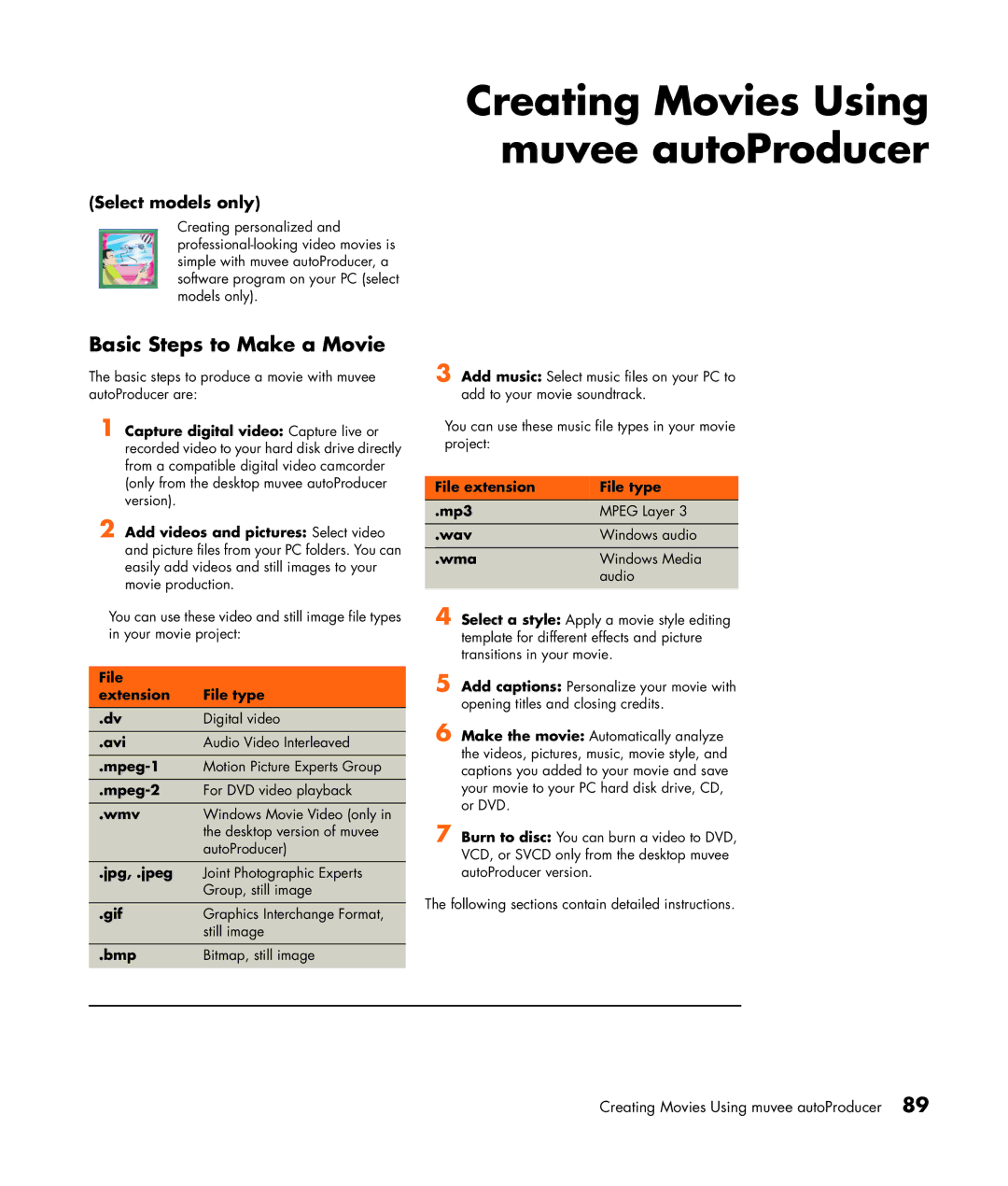 HP m7181.uk manual Creating Movies Using muvee autoProducer, Basic Steps to Make a Movie, File File type Extension, Mpeg-1 