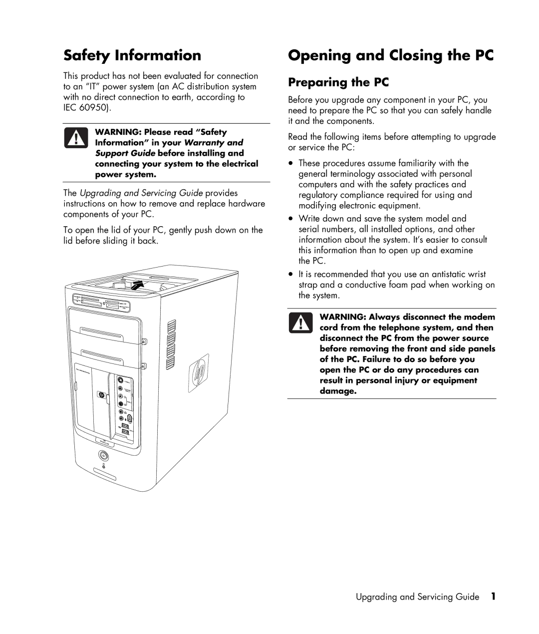 HP m7177a, m7188d, m7177d, m7181.uk, m7183c, m7177c, m7163w Safety Information, Opening and Closing the PC, Preparing the PC 