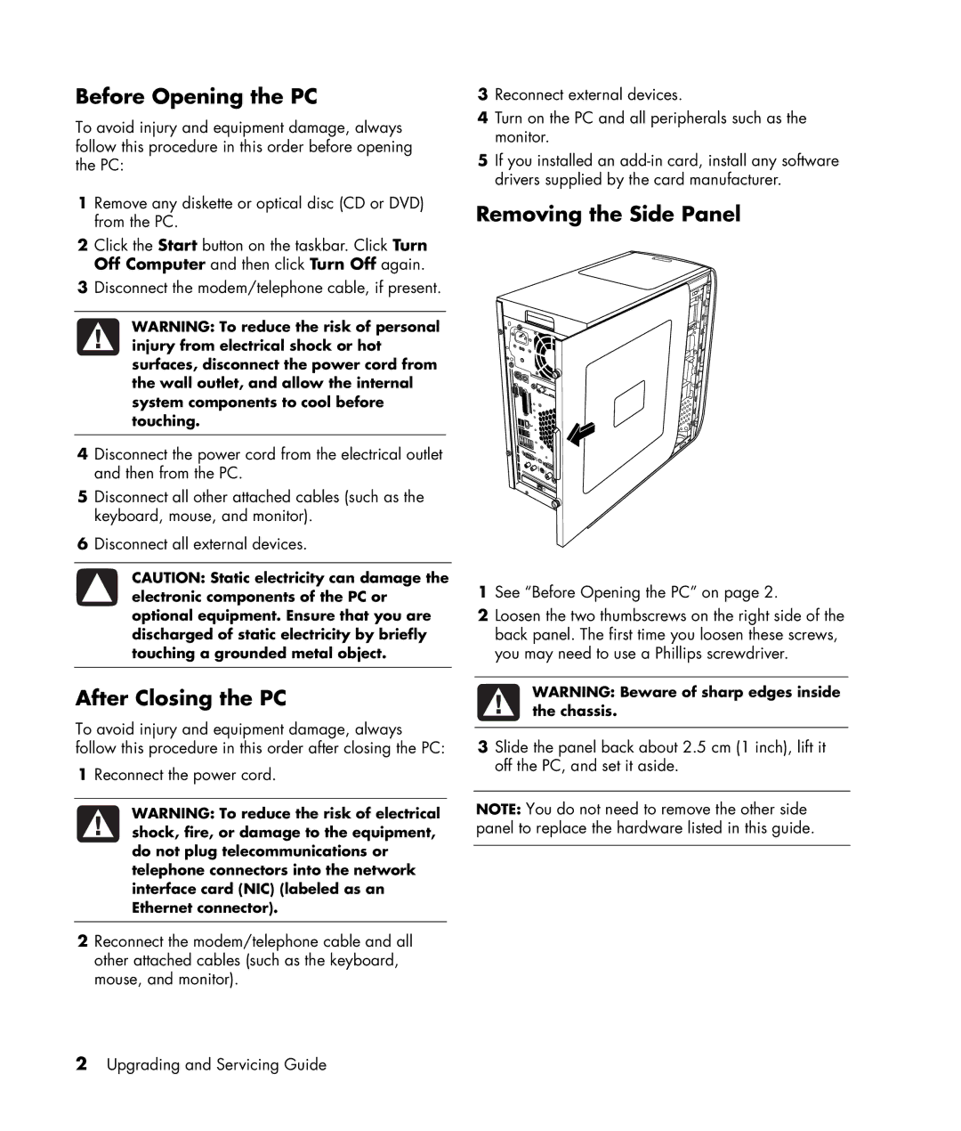 HP m7163w, m7188d, m7177d, m7181.uk, m7183c, m7177c manual Before Opening the PC, After Closing the PC, Removing the Side Panel 