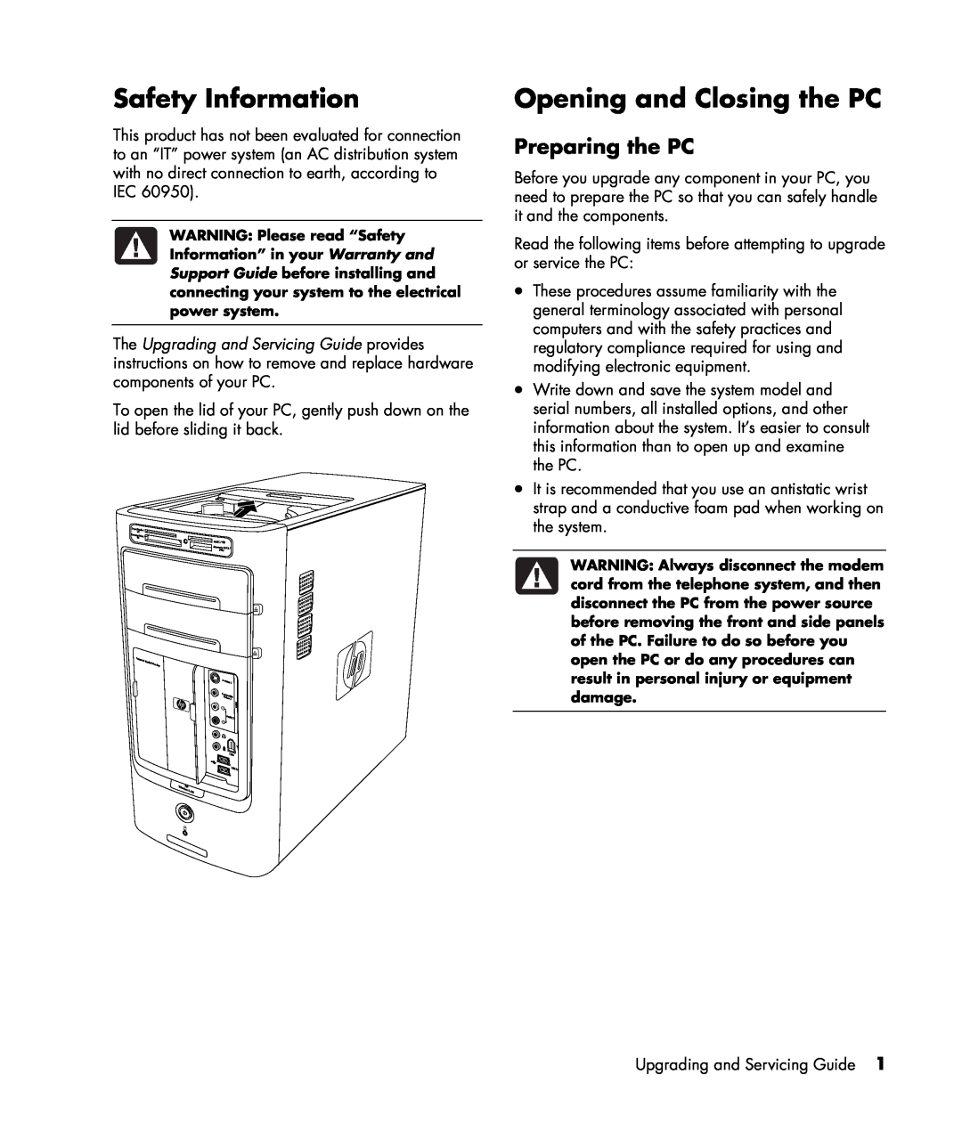 HP m7177a, m7188d, m7177d, m7181.uk, m7183c, m7177c, m7163w Safety Information, Opening and Closing the PC, Preparing the PC 