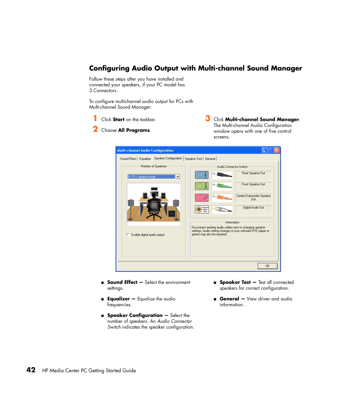 HP m7288d Configuring Audio Output with Multi-channel Sound Manager, Choose All Programs Click Multi-channel Sound Manager 