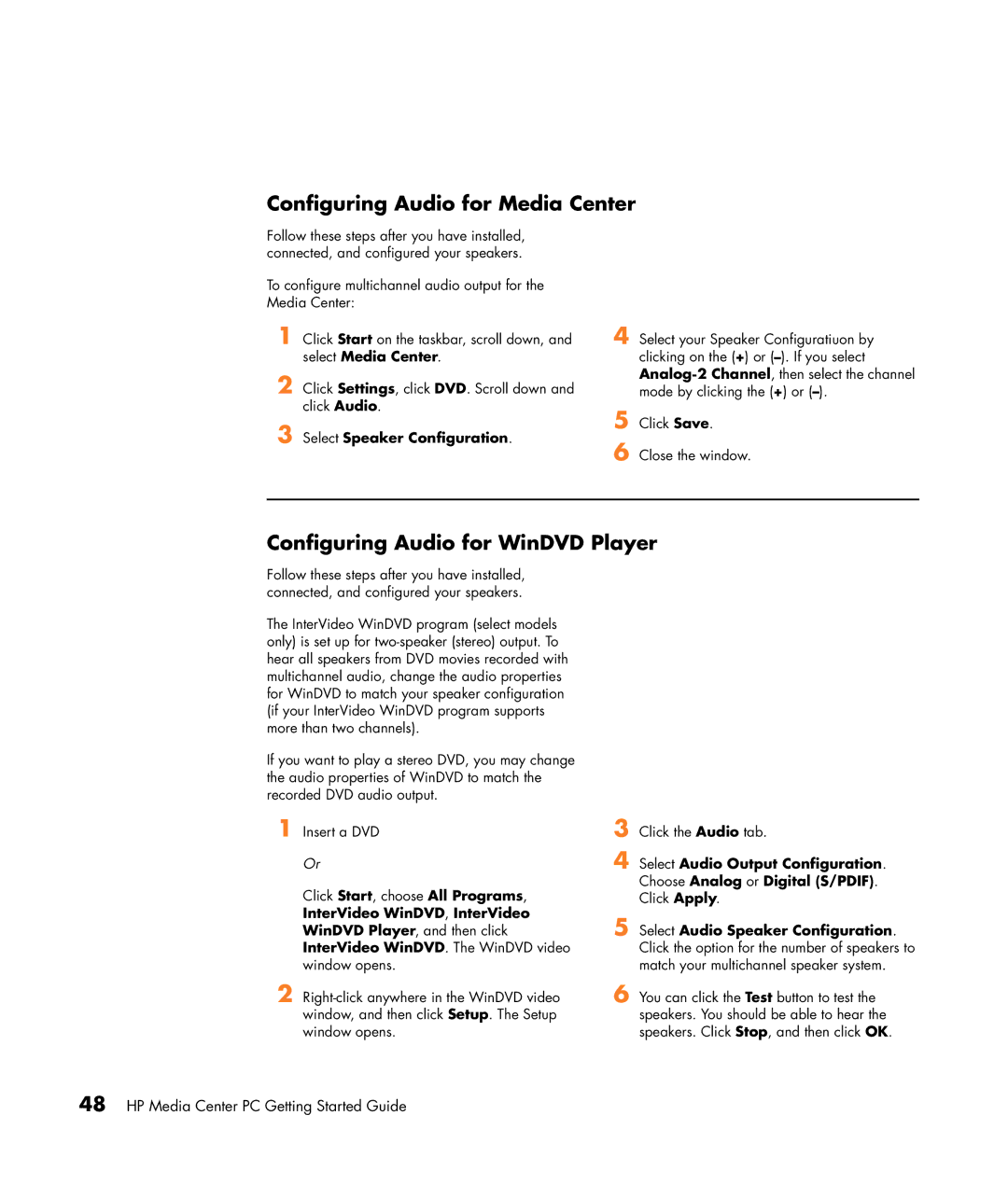 HP m7280in, m7248hk Configuring Audio for Media Center, Configuring Audio for WinDVD Player, Select Speaker Configuration 