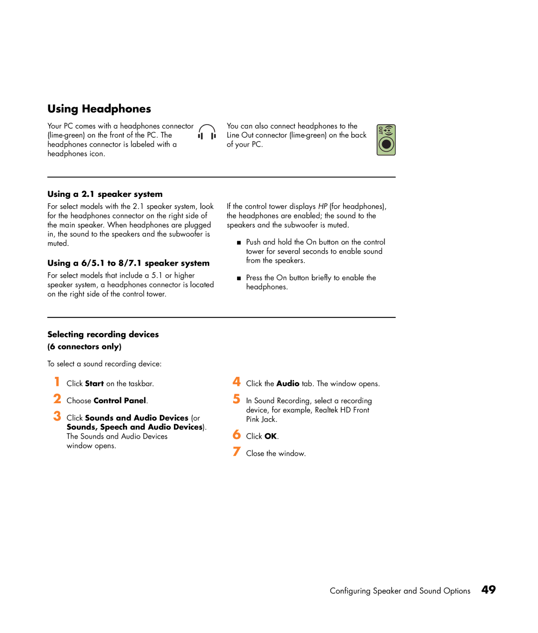 HP m7288d Using Headphones, Using a 2.1 speaker system, Using a 6/5.1 to 8/7.1 speaker system, Selecting recording devices 