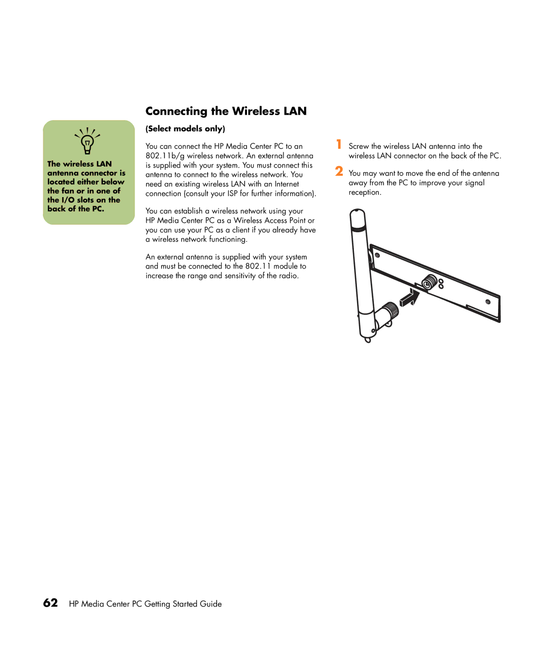 HP m7280in, m7248hk, m7181.uk, m7260in, m7288d, m7288a, m7268hk manual Connecting the Wireless LAN, Select models only 