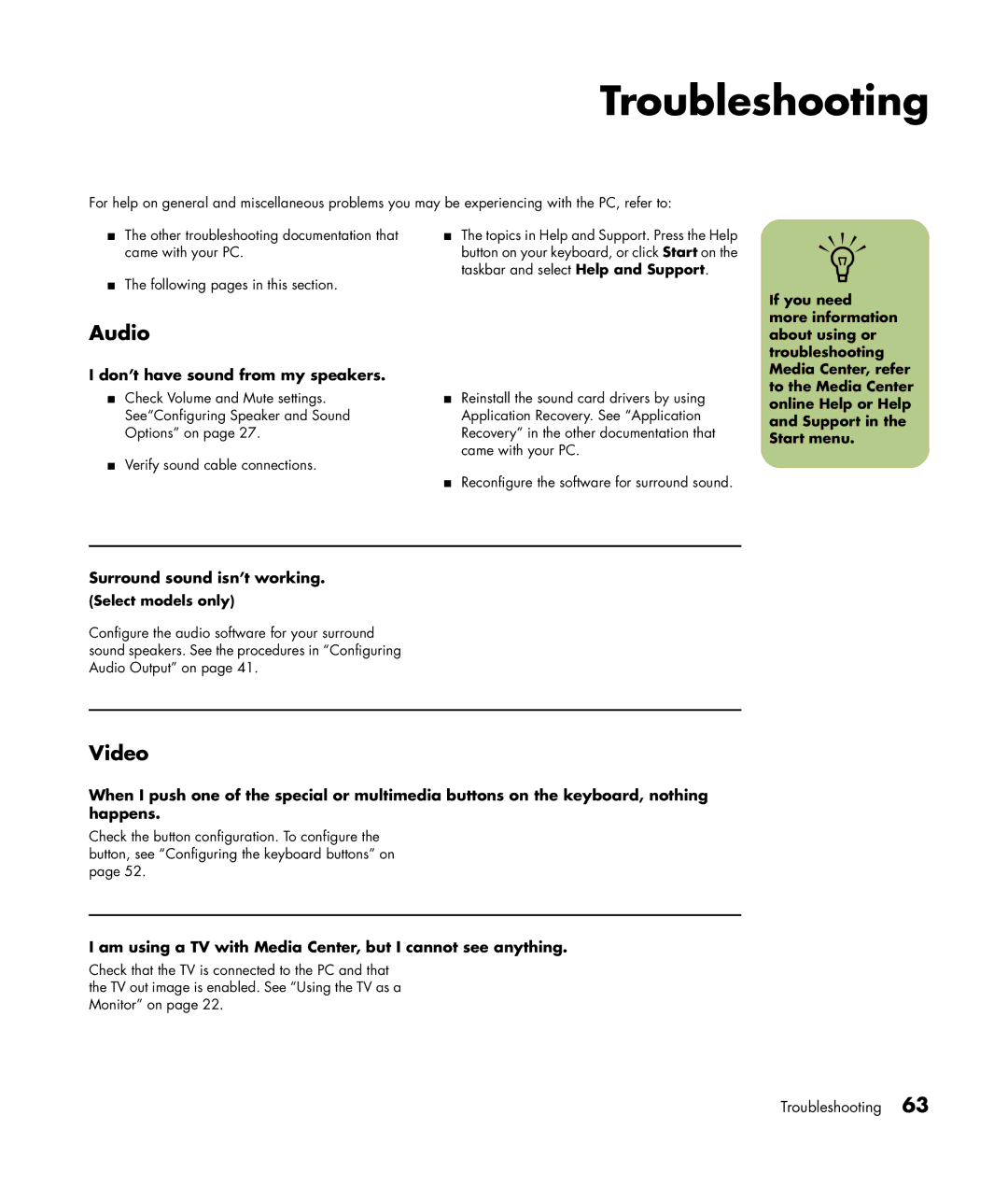 HP m7288d, m7248hk, m7181.uk, m7260in, m7280in, m7288a, m7268hk manual Troubleshooting, Audio, Video 