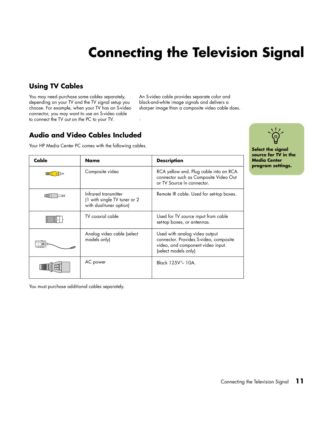 HP m7287c manual Connecting the Television Signal, Using TV Cables, Audio and Video Cables Included, Cable Name Description 