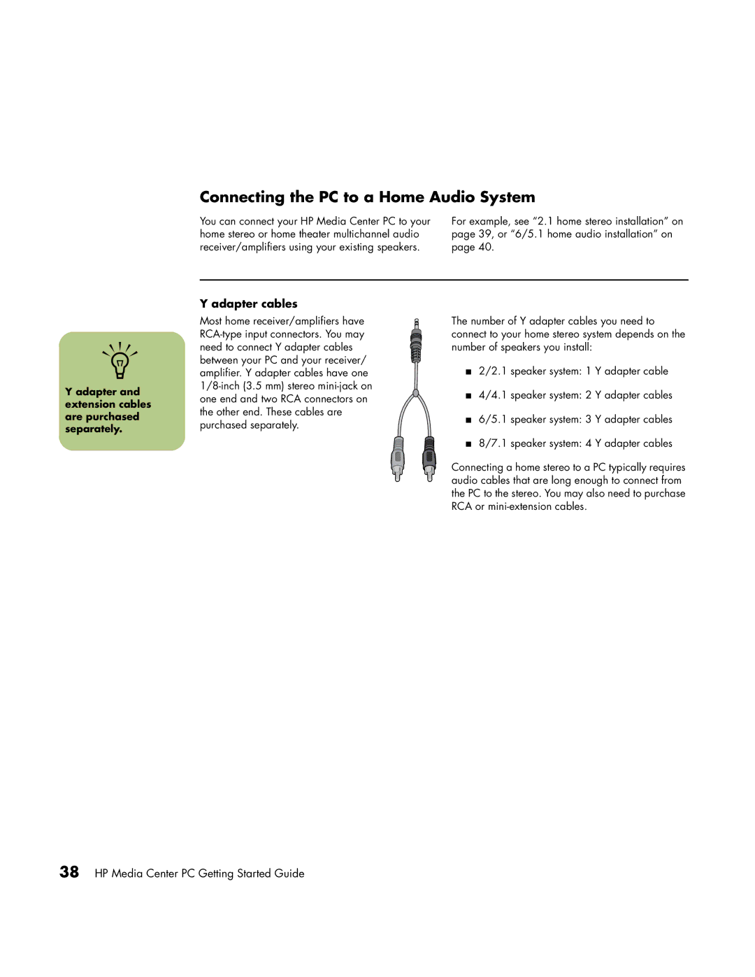 HP m7087c, m7248n, m7246n, m7183c, m7177c, m7163w, m7167c, m7170n manual Connecting the PC to a Home Audio System, Adapter cables 