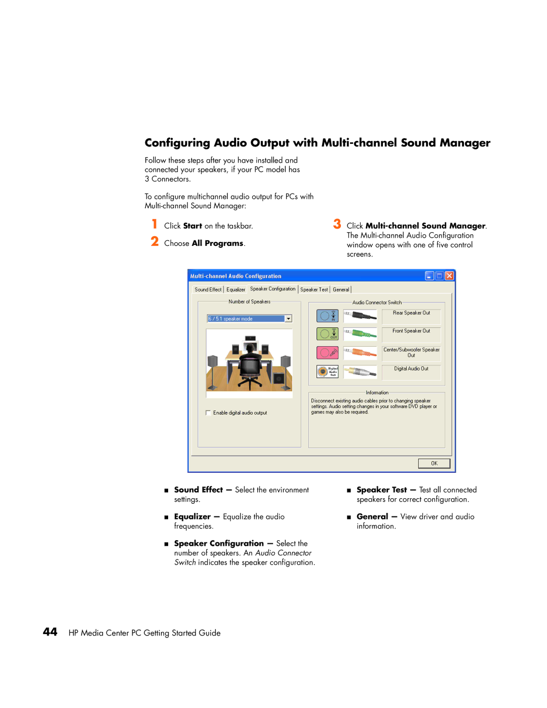 HP m7267c Configuring Audio Output with Multi-channel Sound Manager, Choose All Programs Click Multi-channel Sound Manager 