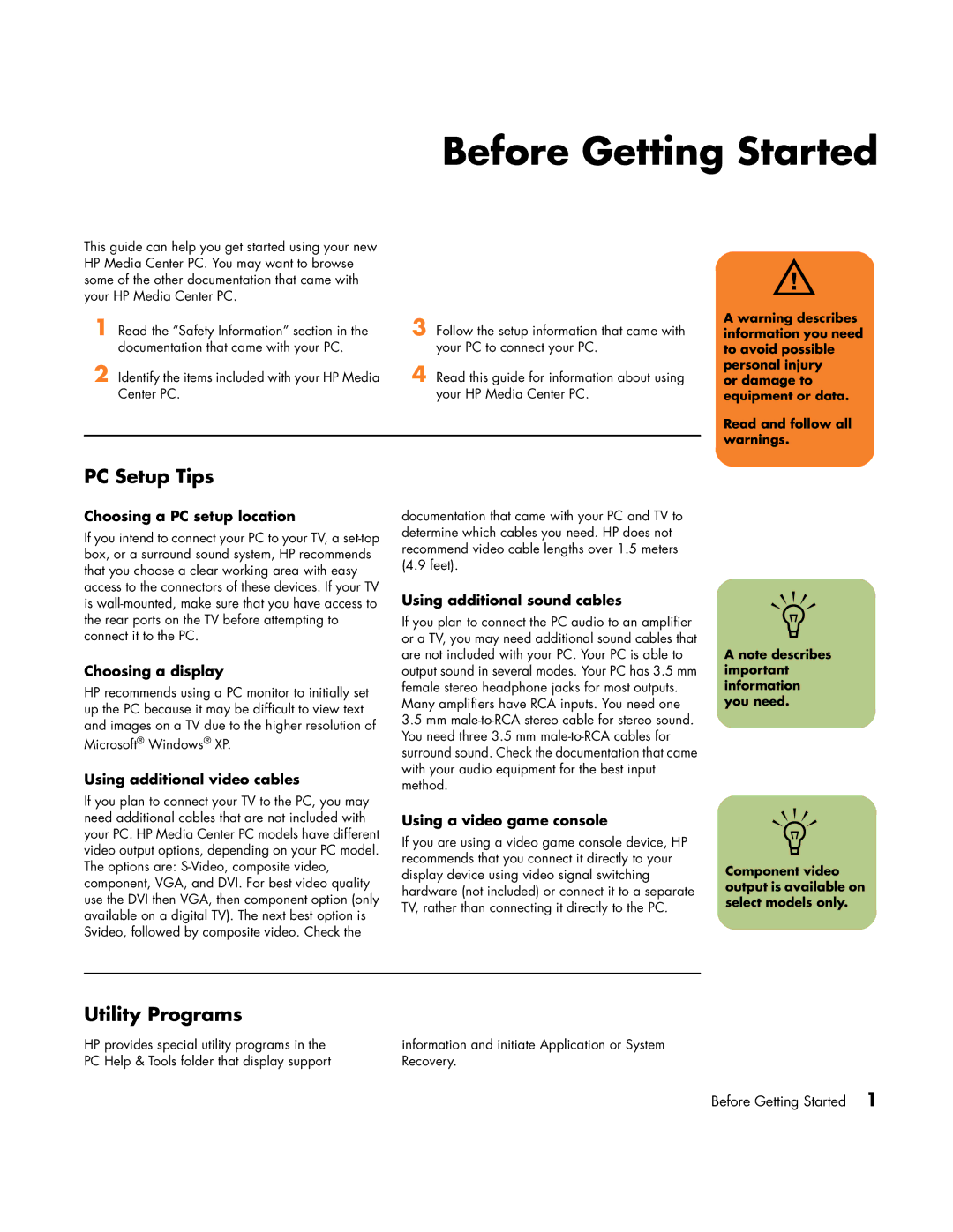 HP m7167c, m7248n, m7246n, m7183c, m7177c, m7163w, m7170n, m7160n, m7099a Before Getting Started, PC Setup Tips, Utility Programs 