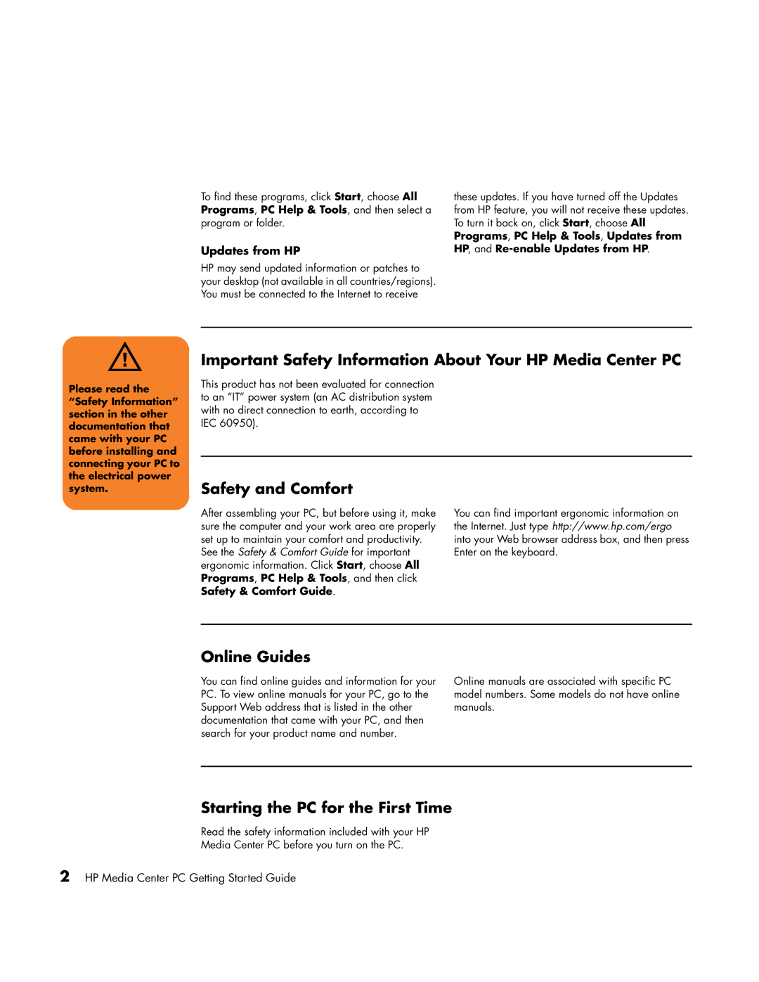 HP m7170n Important Safety Information About Your HP Media Center PC, Safety and Comfort, Online Guides, Updates from HP 