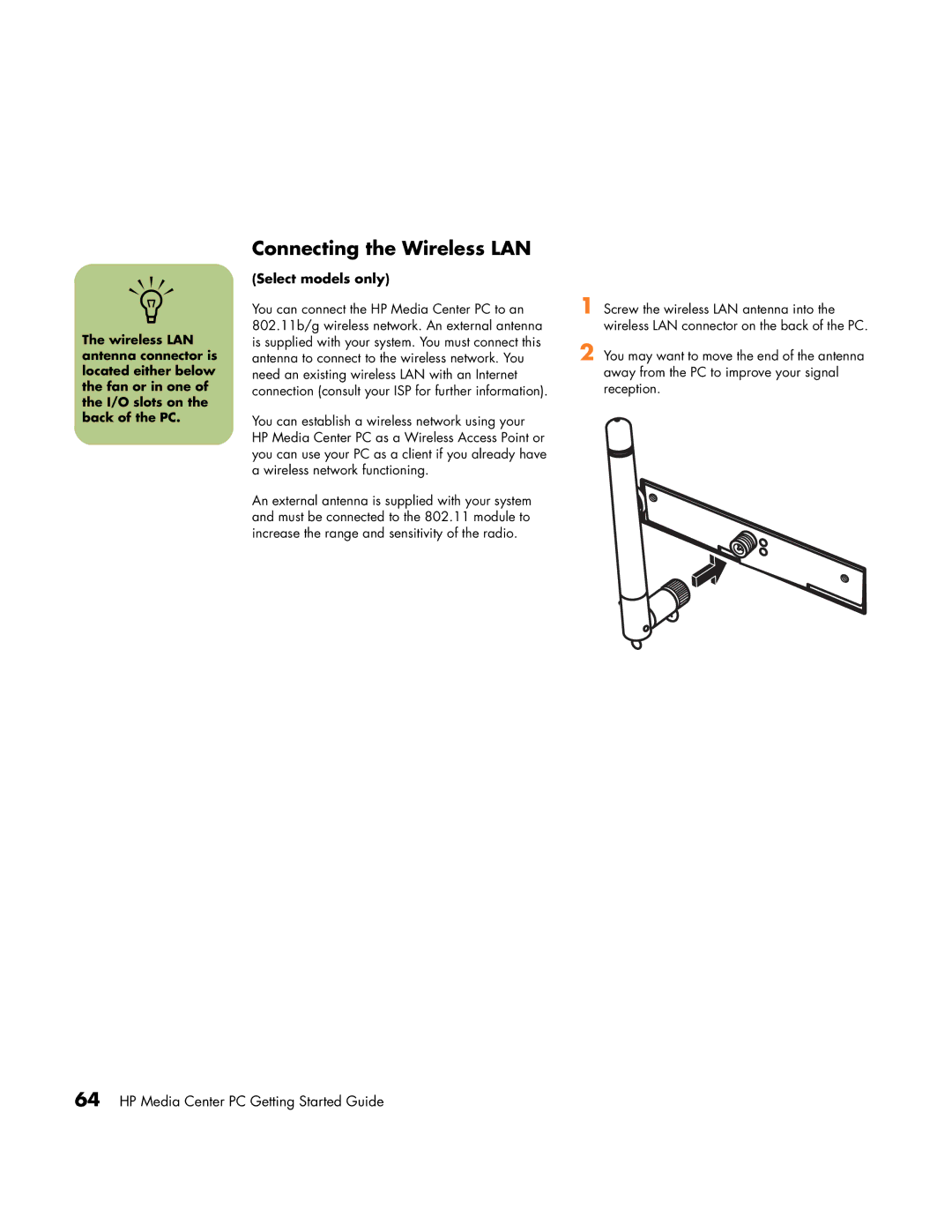 HP m7170n, m7248n, m7246n, m7183c, m7177c, m7163w, m7167c, m7160n, m7099a, m7100y Connecting the Wireless LAN, Select models only 