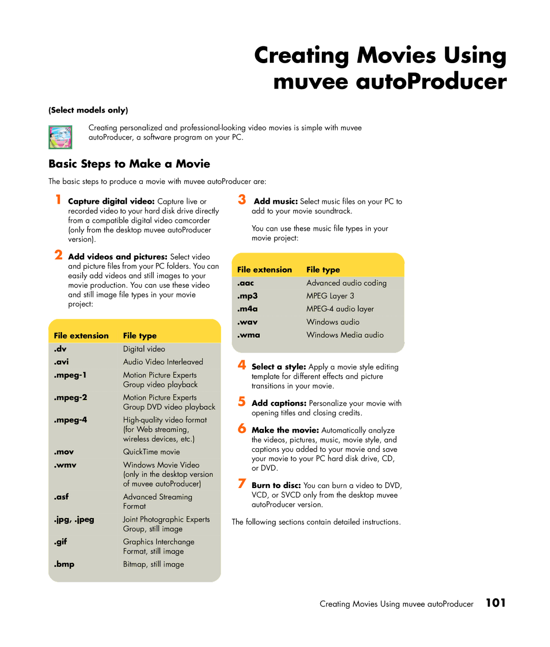 HP m7250n, m7248n, m7246n, m7257c, m7259c, m7287c, m7267c Creating Movies Using muvee autoProducer, Basic Steps to Make a Movie 