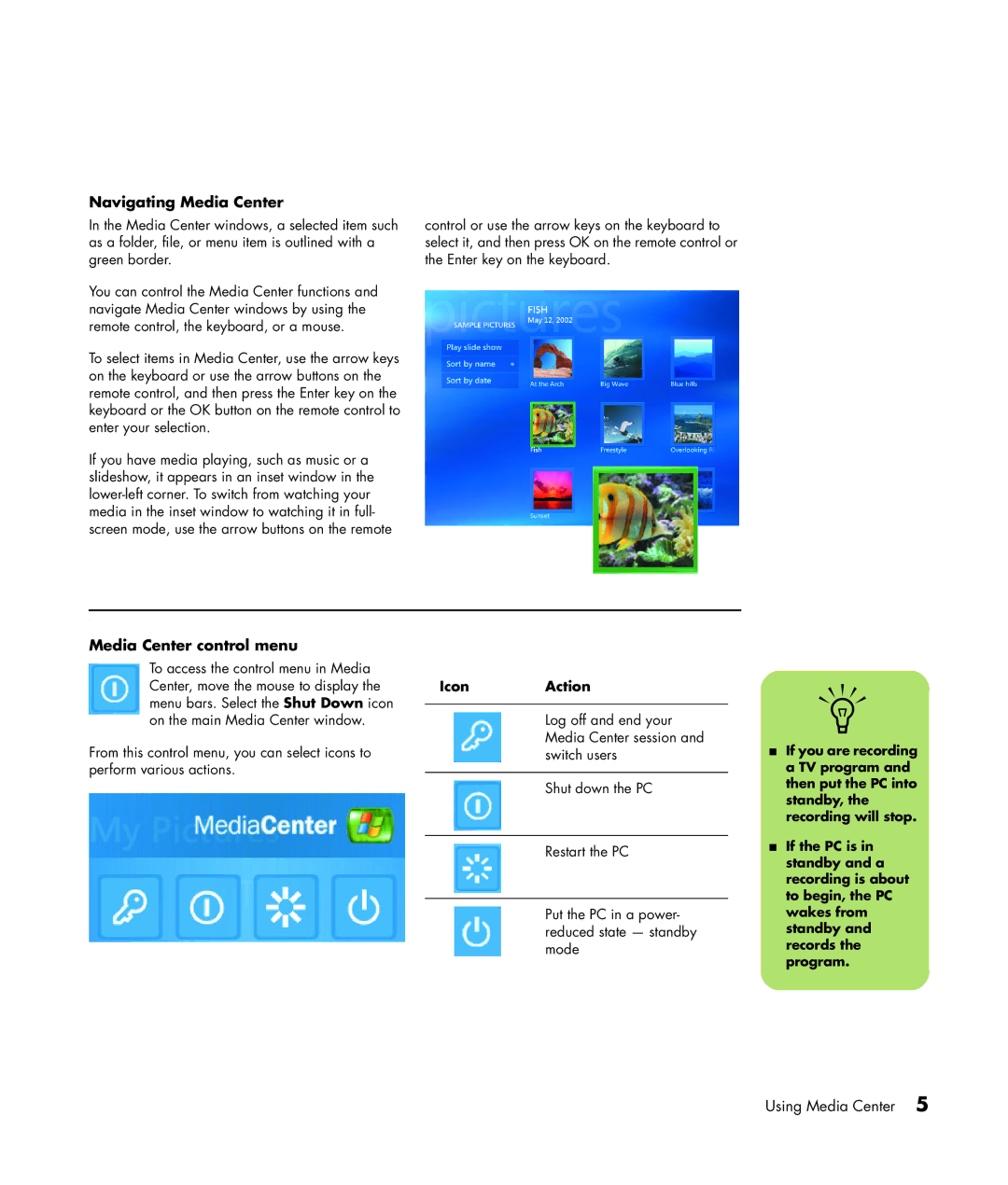 HP m7257c, m7248n, m7246n, m7259c, m7287c, m7267c, m7263w manual Navigating Media Center, Media Center control menu, Icon Action 