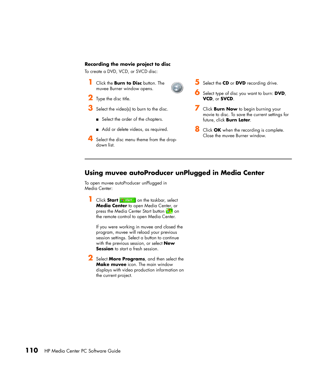 HP m7250n, m7248n, m7246n, m7257c Using muvee autoProducer unPlugged in Media Center, Recording the movie project to disc 