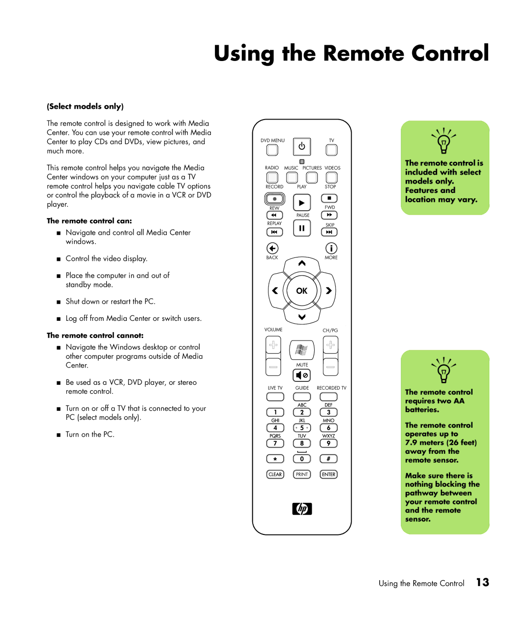 HP m7246n, m7248n, m7257c, m7259c, m7287c, m7267c manual Using the Remote Control, Select models only, Remote control cannot 