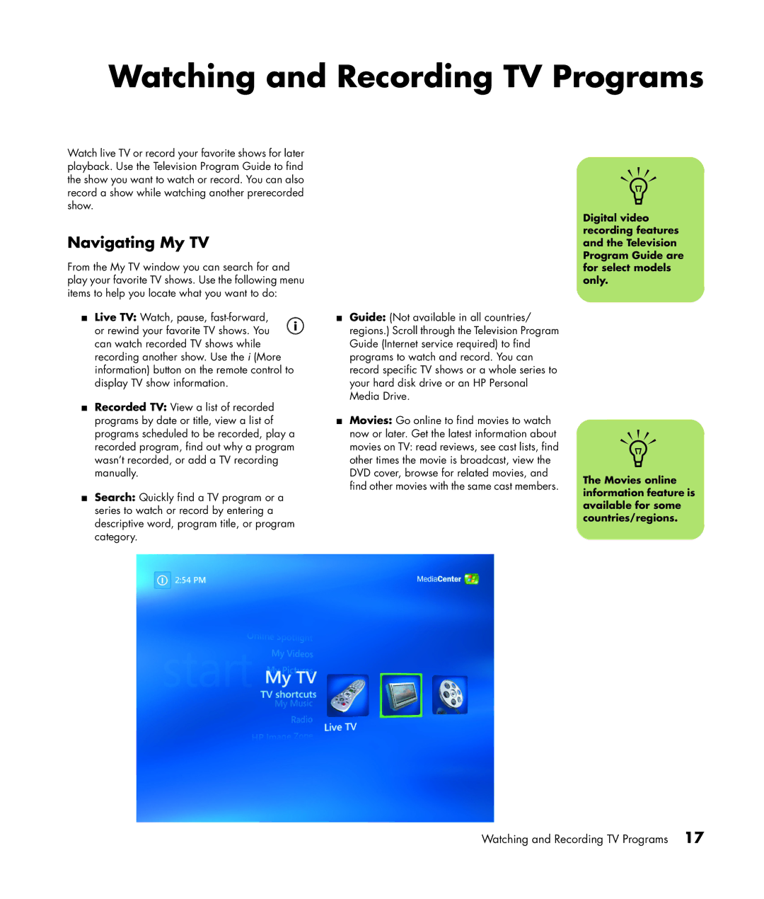 HP m7267c, m7248n, m7246n, m7257c, m7259c, m7287c, m7263w, m7260n, m7250n Watching and Recording TV Programs, Navigating My TV 