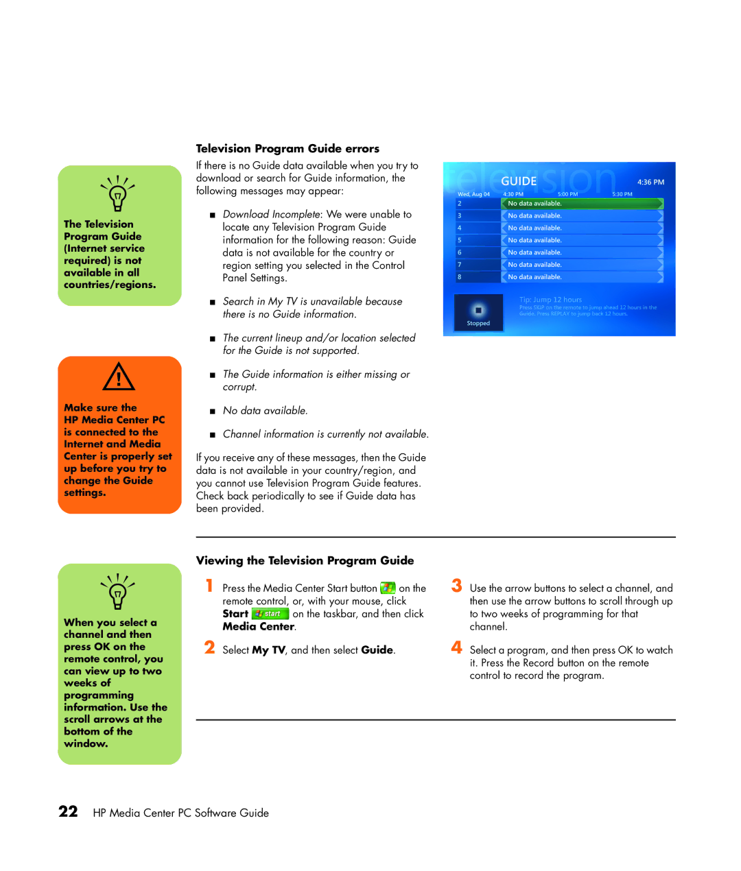 HP m7246n, m7248n, m7257c, m7259c Television Program Guide errors, Viewing the Television Program Guide, Start, Media Center 