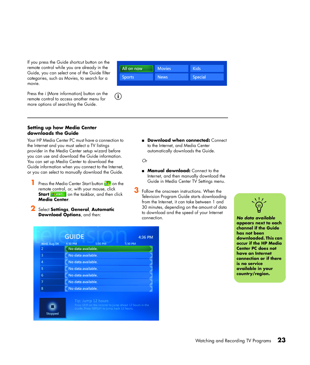 HP m7257c, m7248n, m7246n, m7259c, m7287c, m7267c, m7263w, m7260n, m7250n manual Setting up how Media Center downloads the Guide 