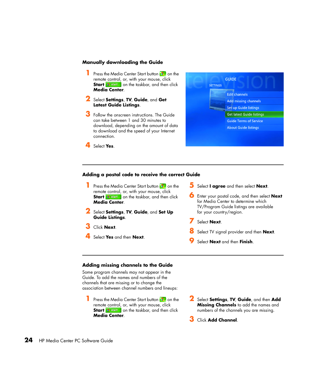 HP m7259c, m7248n Manually downloading the Guide, Adding a postal code to receive the correct Guide, Click Add Channel 