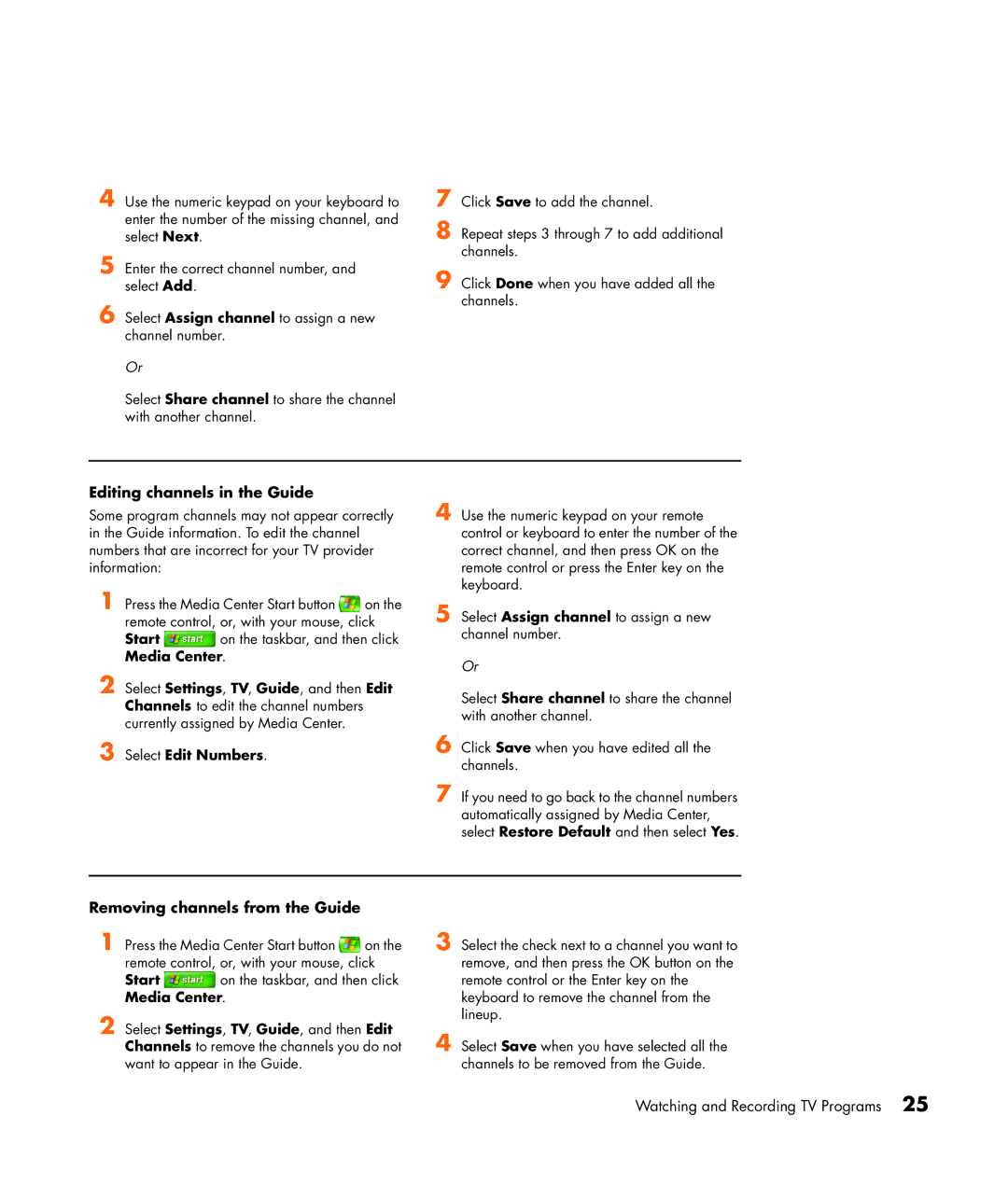 HP m7287c, m7248n, m7246n, m7257c manual Editing channels in the Guide, Removing channels from the Guide, Select Edit Numbers 