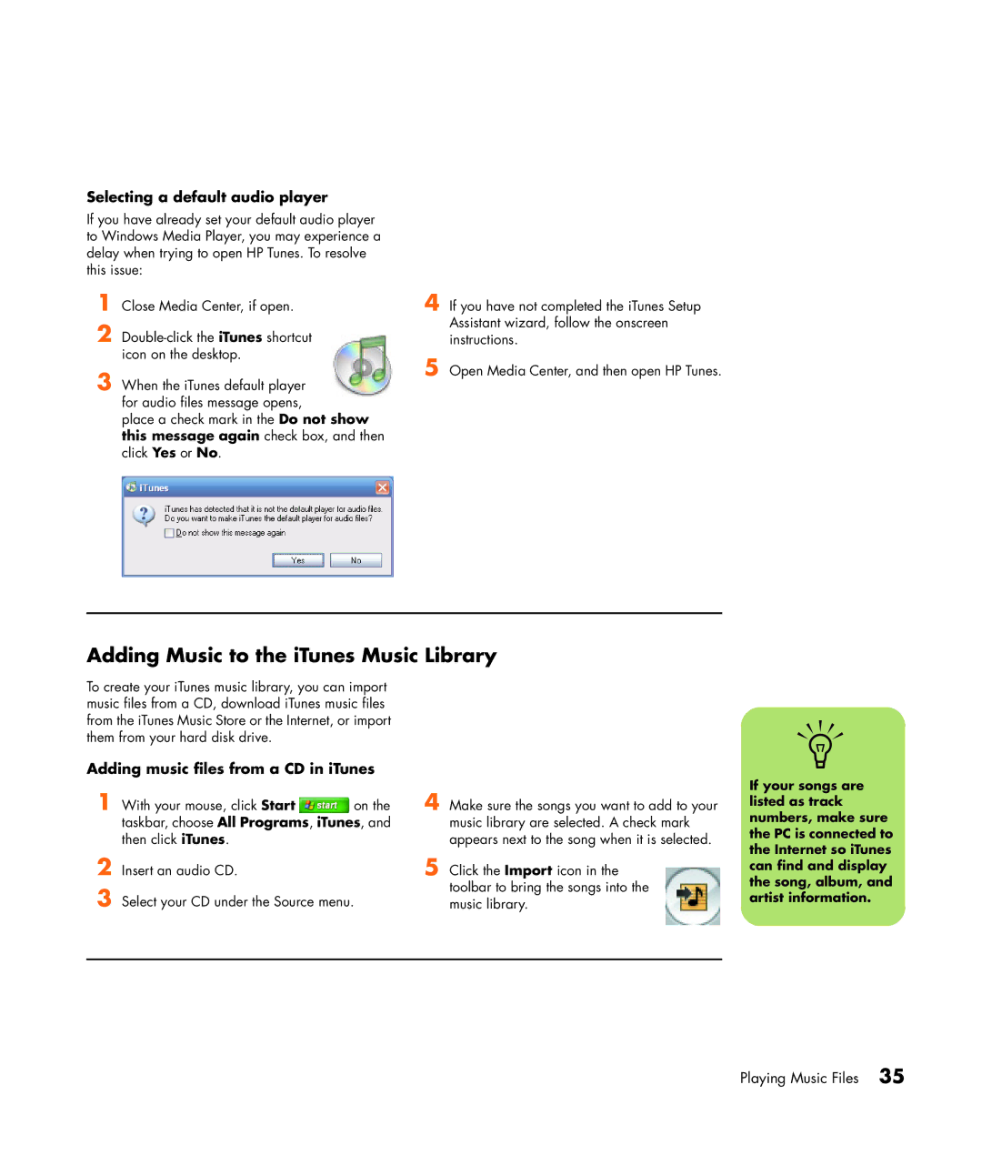 HP m7267c, m7248n, m7246n, m7257c, m7259c, m7287c Adding Music to the iTunes Music Library, Selecting a default audio player 