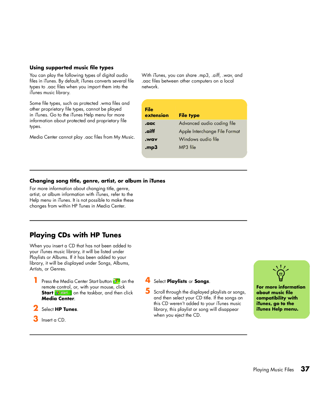 HP m7260n, m7248n, m7246n, m7257c Playing CDs with HP Tunes, Using supported music file types, Select Playlists or Songs 