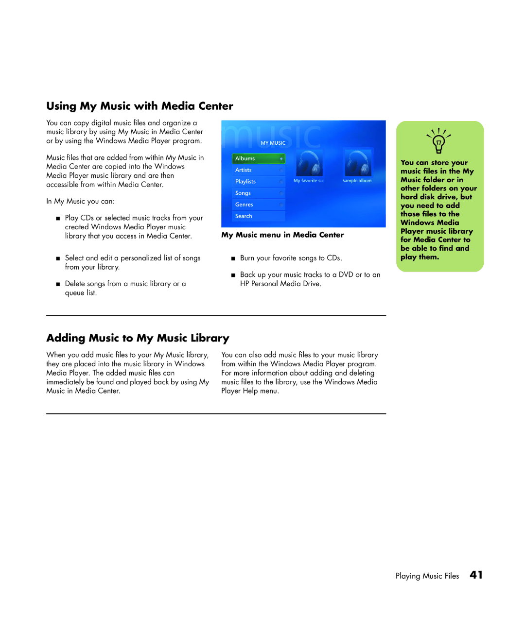 HP m7257c, m7248n, m7246n Using My Music with Media Center, Adding Music to My Music Library, My Music menu in Media Center 