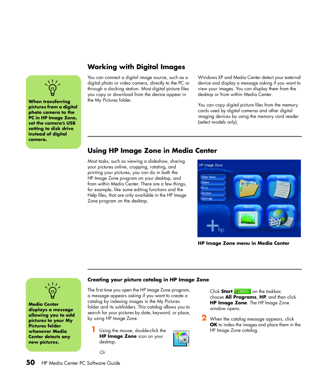 HP m7257c Working with Digital Images, Using HP Image Zone in Media Center, Creating your picture catalog in HP Image Zone 