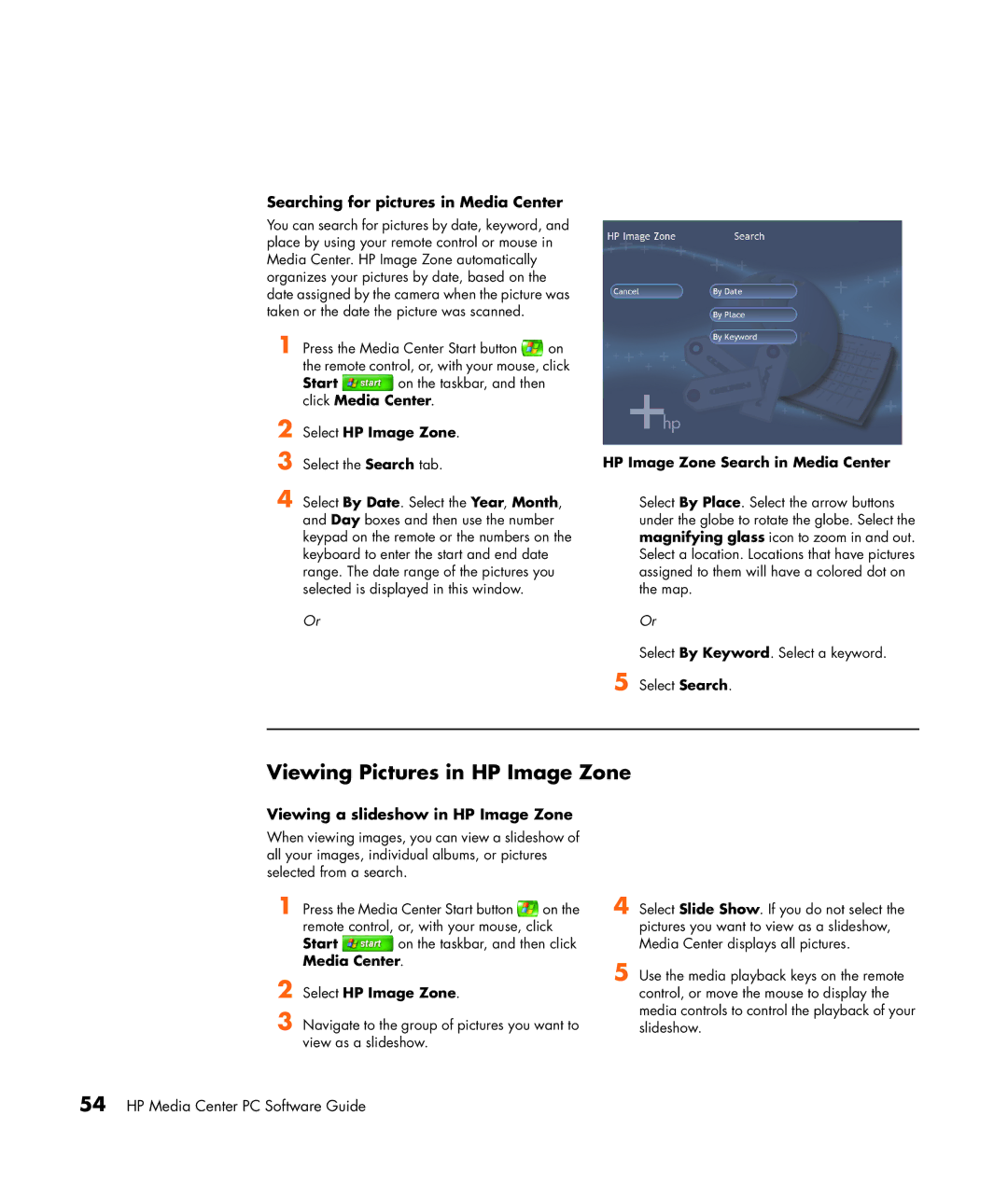 HP m7263w Viewing Pictures in HP Image Zone, Searching for pictures in Media Center, Viewing a slideshow in HP Image Zone 