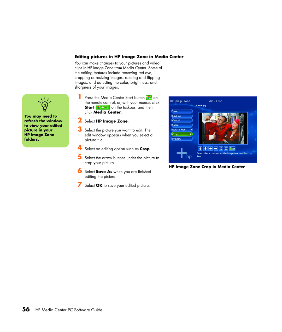 HP m7250n, m7248n, m7246n, m7257c manual Editing pictures in HP Image Zone in Media Center, HP Image Zone Crop in Media Center 