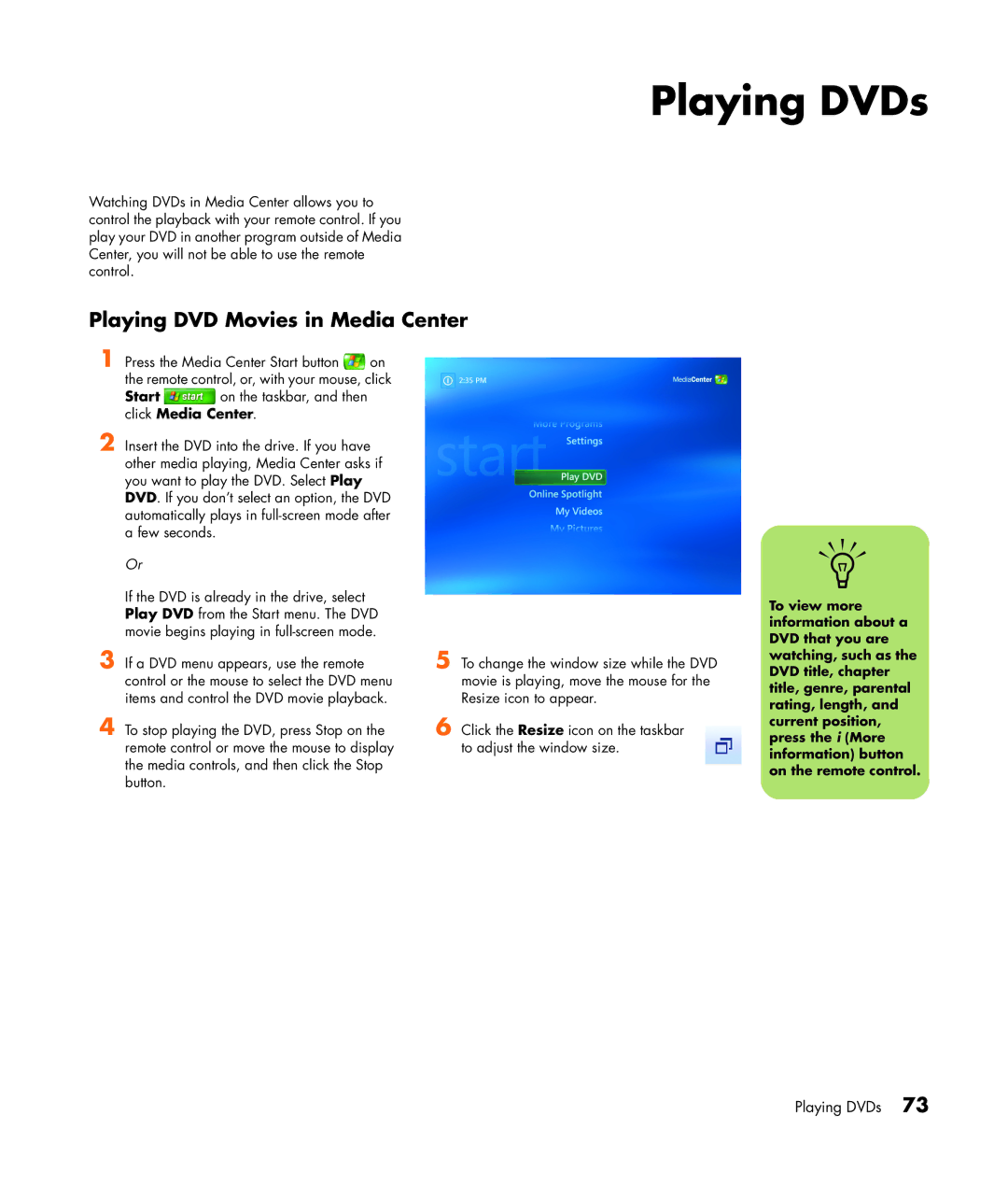 HP m7260n, m7248n, m7246n, m7257c, m7259c, m7287c, m7267c, m7263w, m7250n manual Playing DVDs, Playing DVD Movies in Media Center 