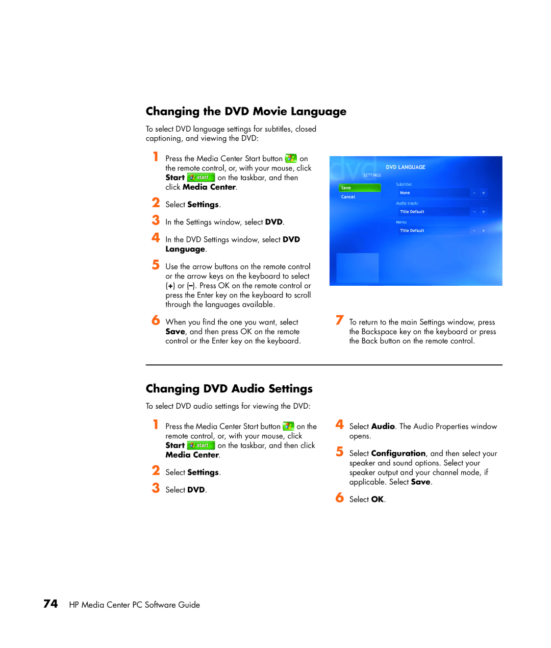 HP m7250n, m7248n, m7246n, m7257c, m7259c, m7287c, m7267c, m7263w Changing the DVD Movie Language, Changing DVD Audio Settings 