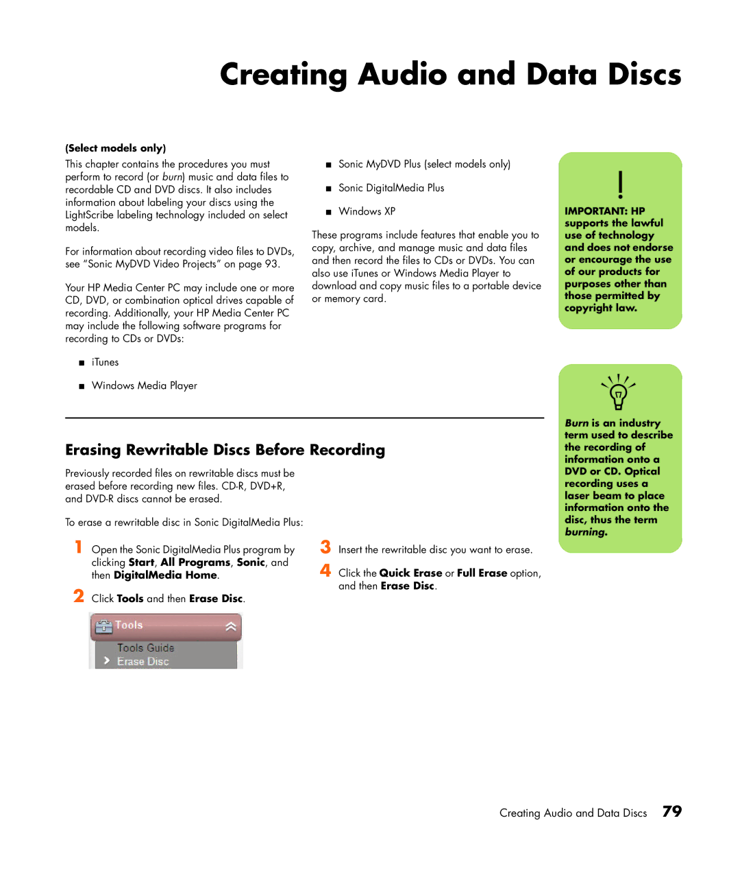 HP m7287c, m7248n, m7246n, m7257c, m7259c, m7267c Creating Audio and Data Discs, Erasing Rewritable Discs Before Recording 