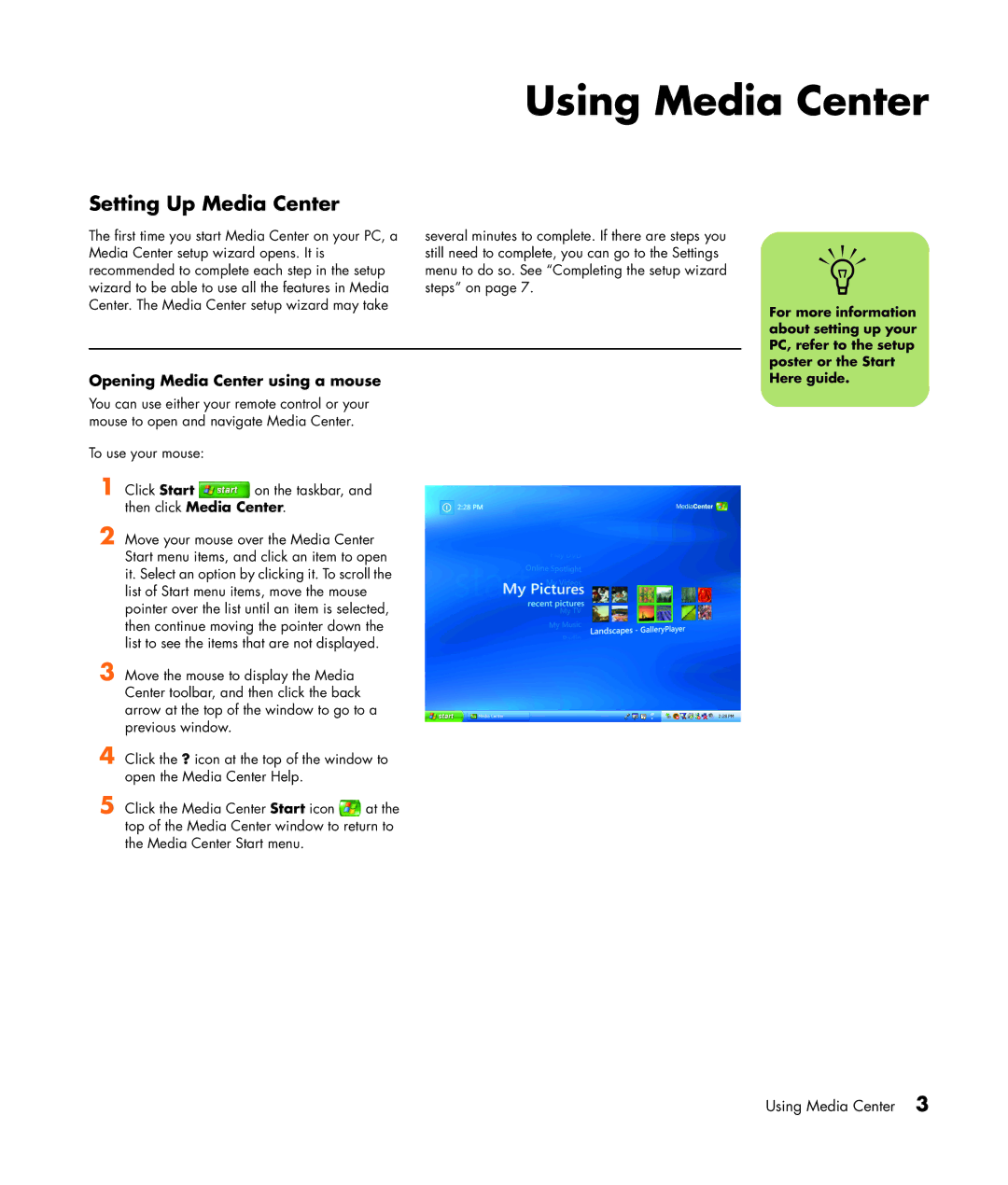 HP m7248n, m7246n, m7257c manual Using Media Center, Setting Up Media Center, Opening Media Center using a mouse, Here guide 