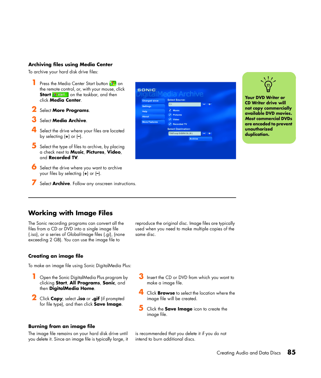 HP m7246n Working with Image Files, Archiving files using Media Center, Creating an image file, Burning from an image file 