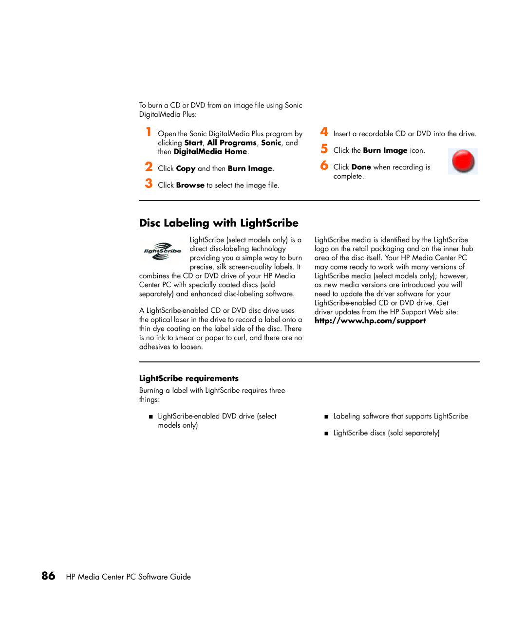 HP m7257c, m7248n, m7246n, m7259c, m7287c, m7267c, m7263w, m7260n manual Disc Labeling with LightScribe, LightScribe requirements 