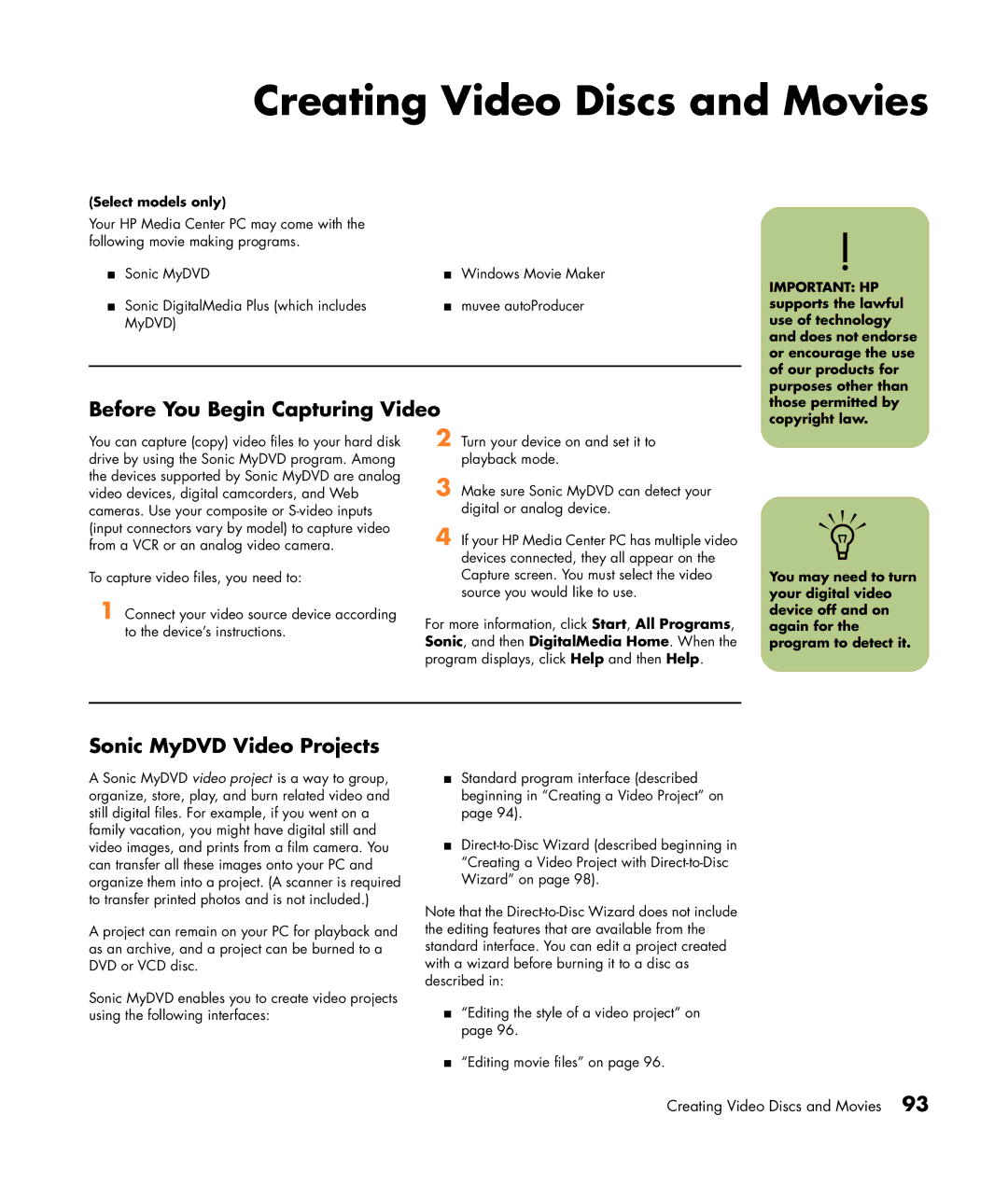 HP m7248n, m7246n, m7257c Creating Video Discs and Movies, Before You Begin Capturing Video, Sonic MyDVD Video Projects 
