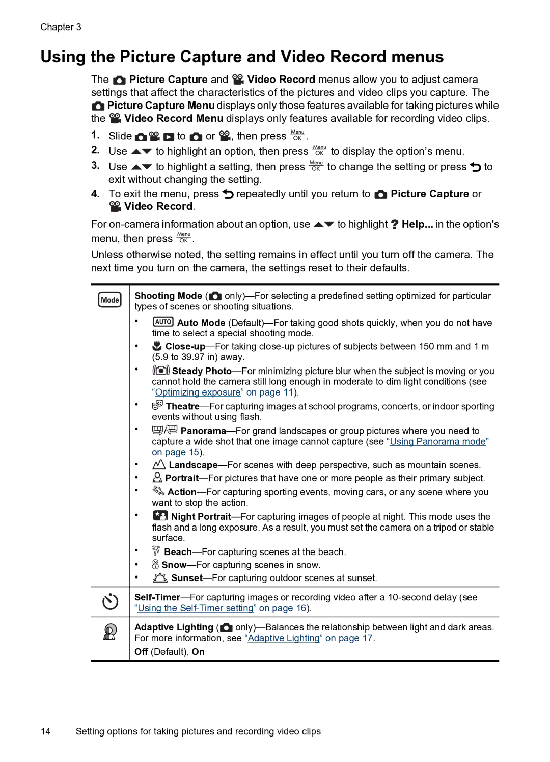 HP M730 manual Using the Picture Capture and Video Record menus 