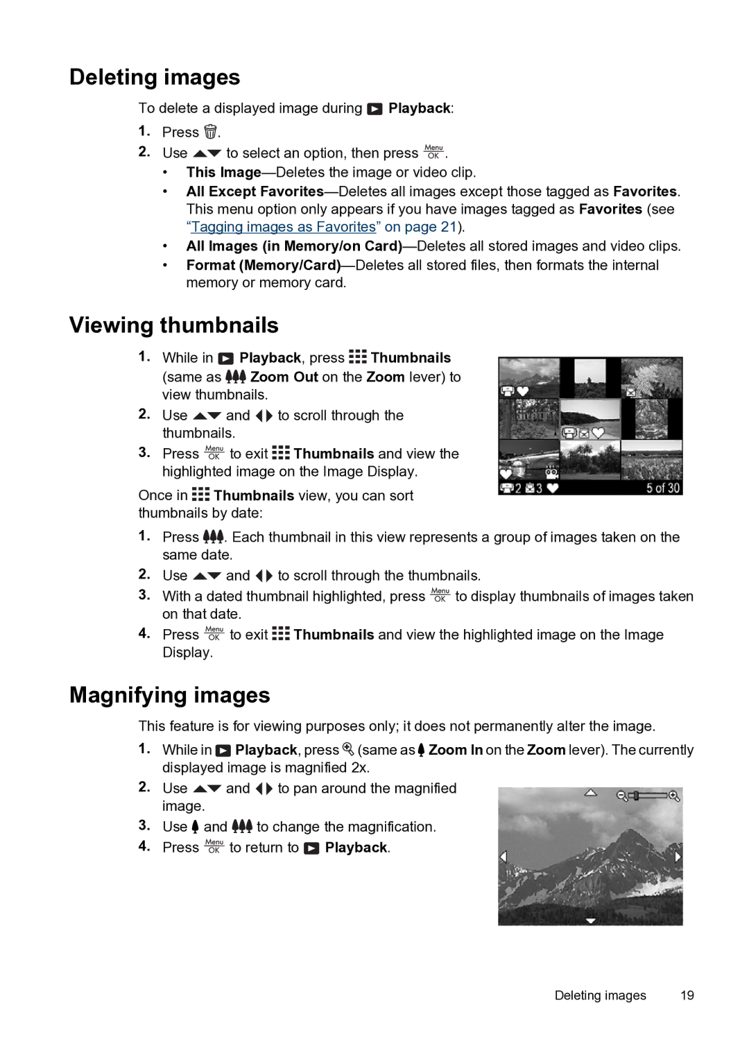 HP M730 manual Deleting images, Viewing thumbnails, Magnifying images 