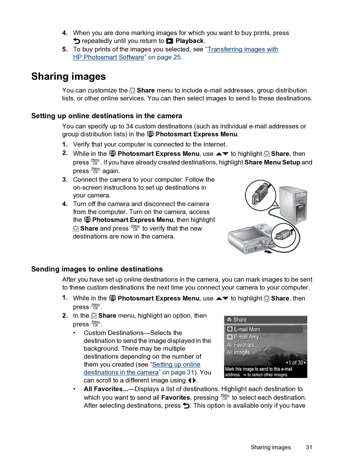 HP M730 manual Sharing images, Setting up online destinations in the camera, Sending images to online destinations 