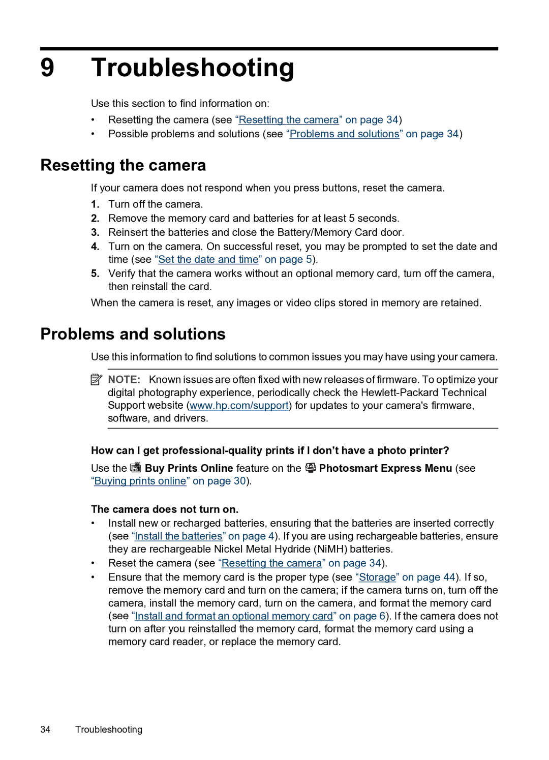 HP M730 manual Troubleshooting, Resetting the camera, Problems and solutions 