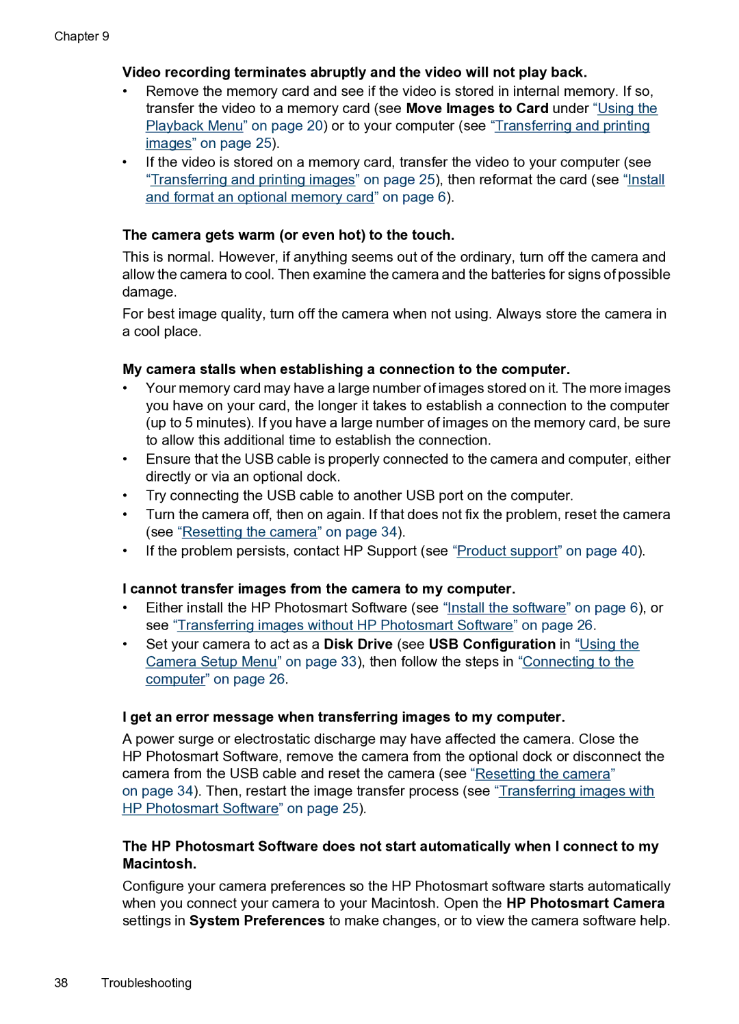 HP M730 manual Camera gets warm or even hot to the touch, Cannot transfer images from the camera to my computer 