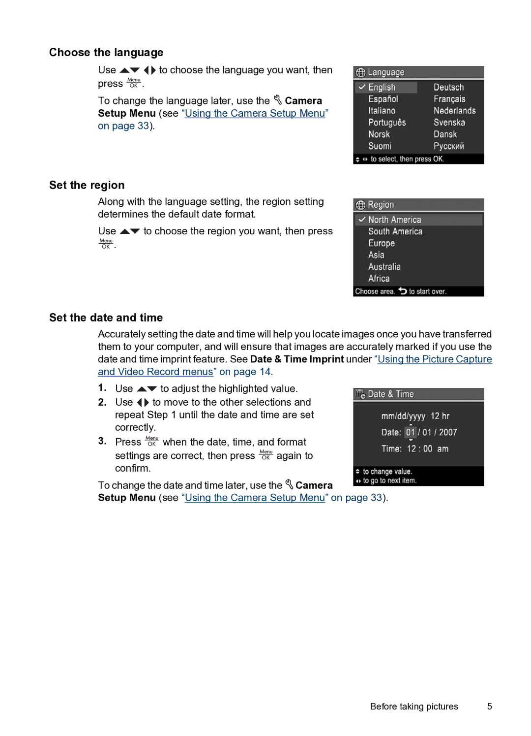 HP M730 manual Choose the language, Set the region, Set the date and time 