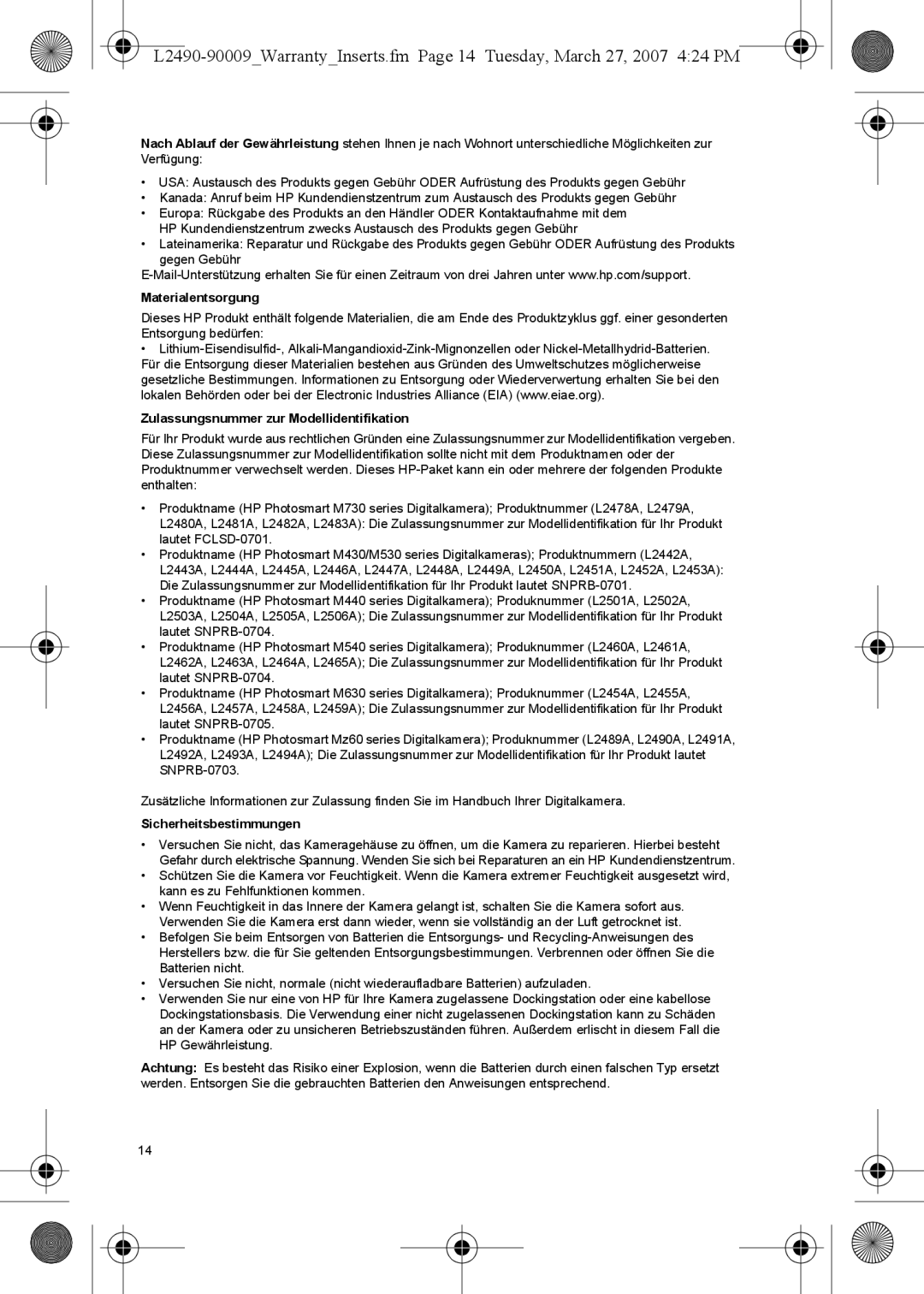 HP M737 manual Materialentsorgung, Zulassungsnummer zur Modellidentifikation, Sicherheitsbestimmungen 