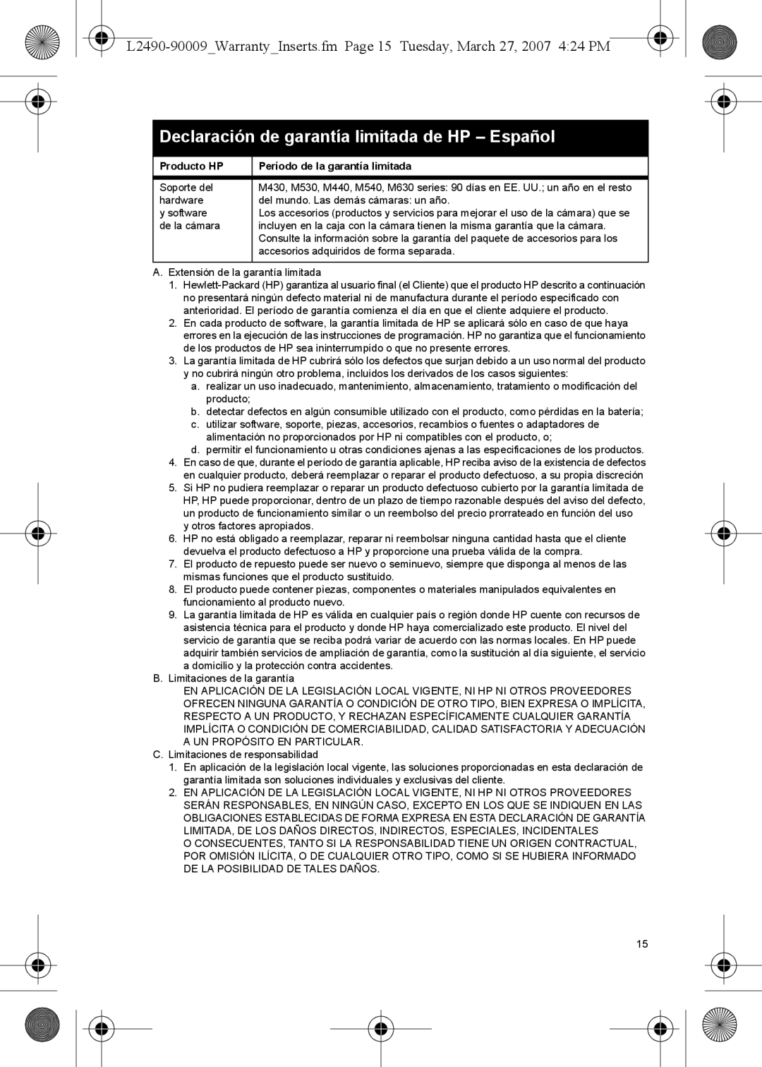 HP M737 manual Declaración de garantía limitada de HP Español, Producto HP Período de la garantía limitada 