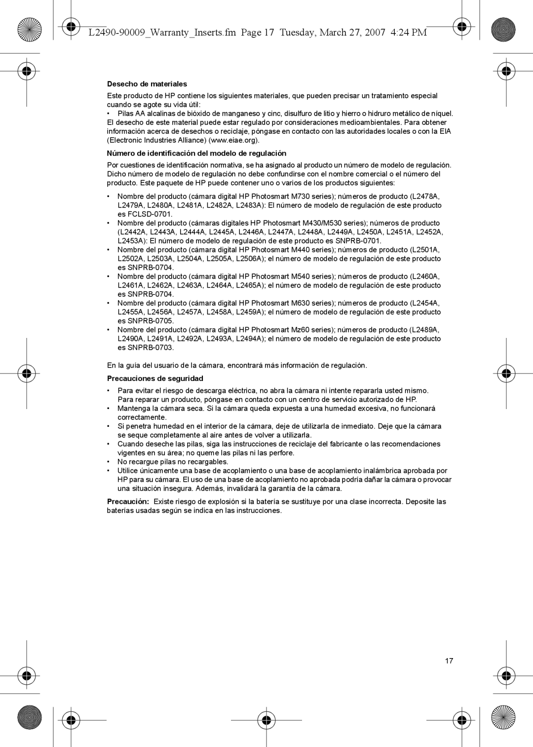 HP M737 manual Desecho de materiales, Número de identificación del modelo de regulación, Precauciones de seguridad 