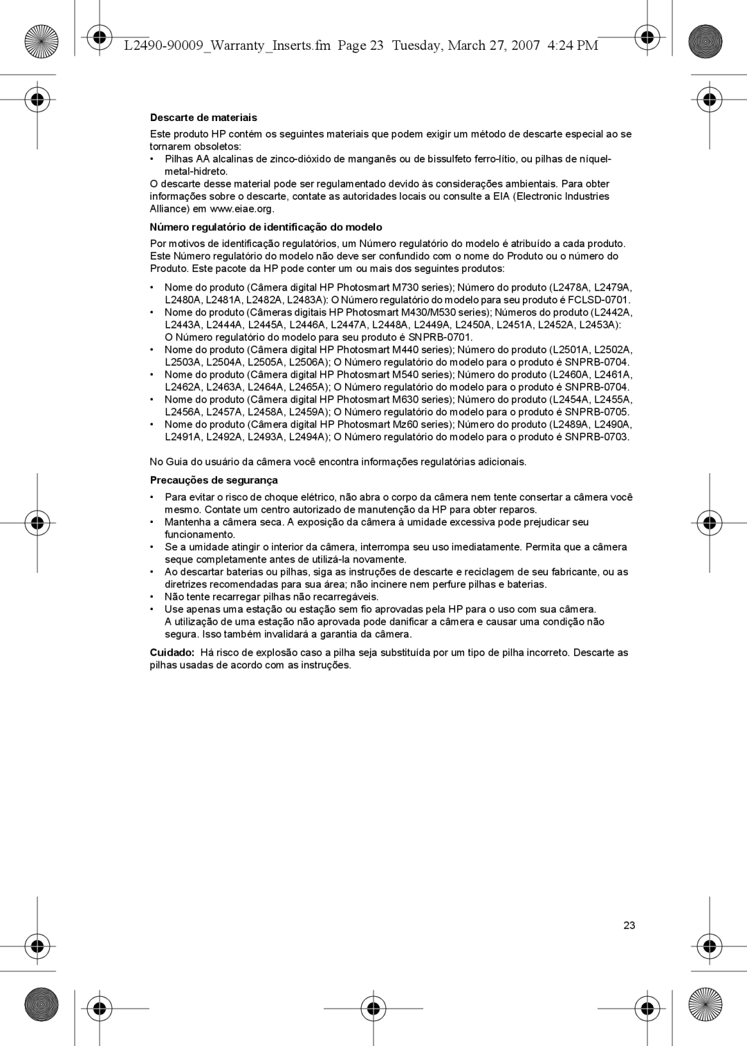 HP M737 manual Descarte de materiais, Número regulatório de identificação do modelo, Precauções de segurança 